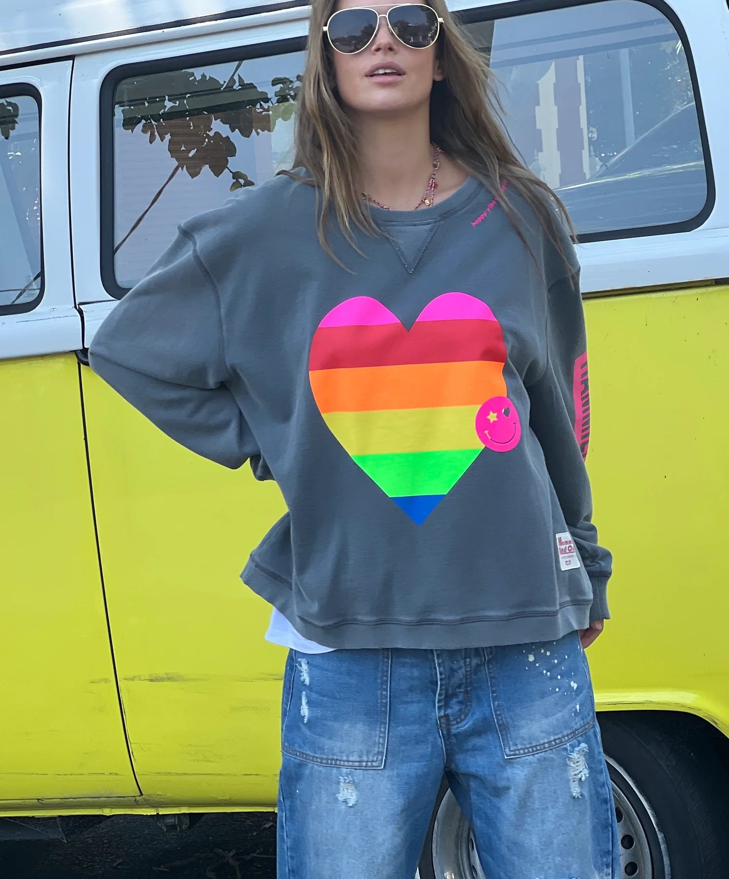 Vintage Heart Print Sweatshirt for Women - Soft & Cozy Charcoal Grey Pullover for Casual Wear, Date Nights & Layering