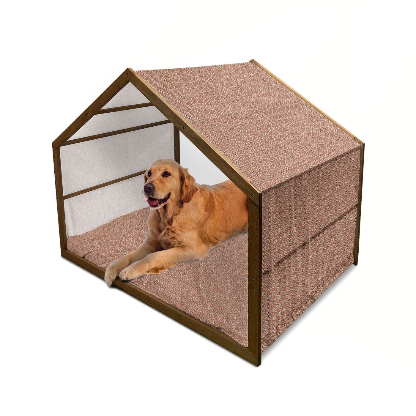 Ambesonne Geometric Wooden Dog House - Abstract Warm Colored Squares & Rhombuses Bullseye Pattern, Indoor Outdoor Portable Pet Kennel with Removable Pillow & Cover, X-Large Burnt Sienna Beige - Perfect for Backyard, Patio, or Indoor Pet Comfort