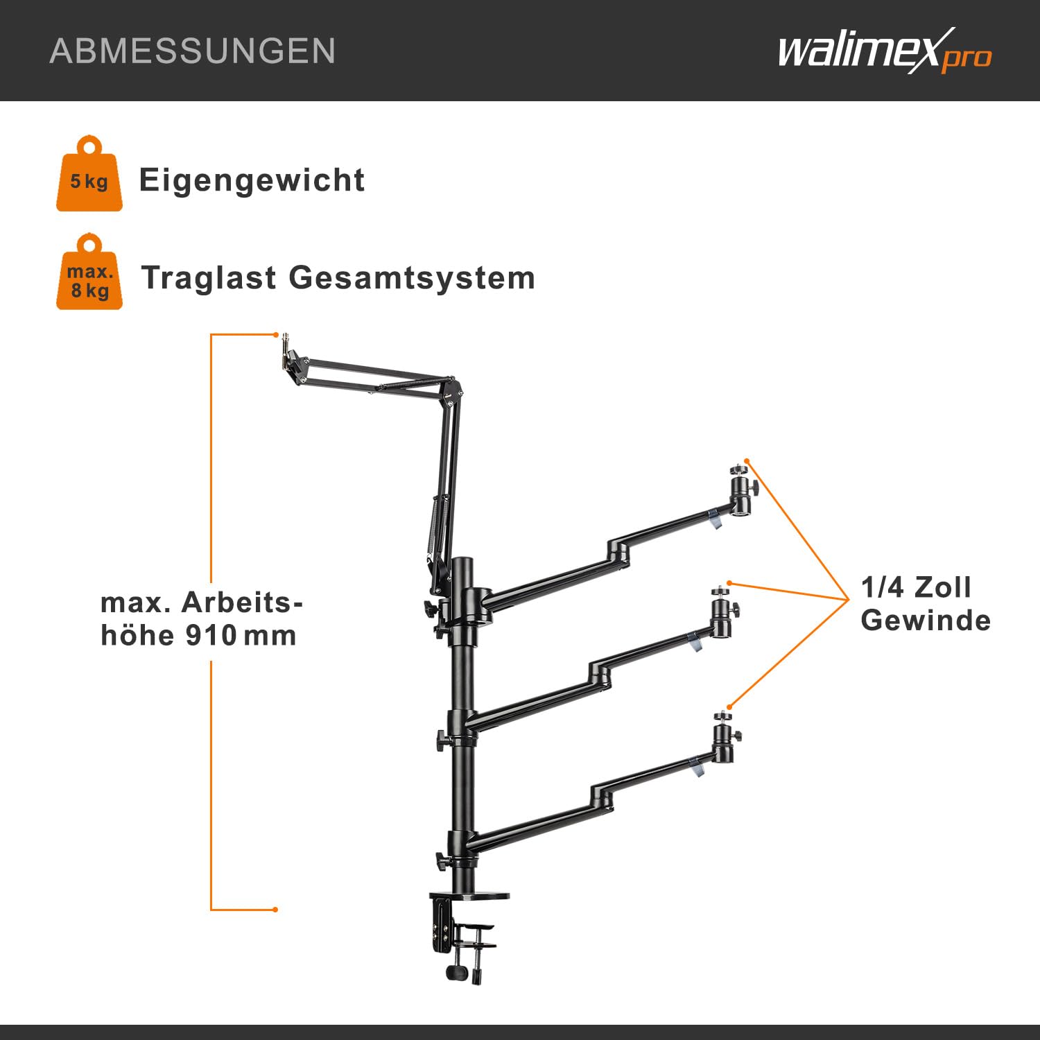 Walimex Pro Flexible Microphone Boom Arm & Table Tripod Stand - Heavy Duty 2kg Capacity with 360° Ball Head for Camera, LED Lights - Perfect for Streaming, Vlogging, Video Calls & Studio Setup - Fits Tables up to 65mm Thick