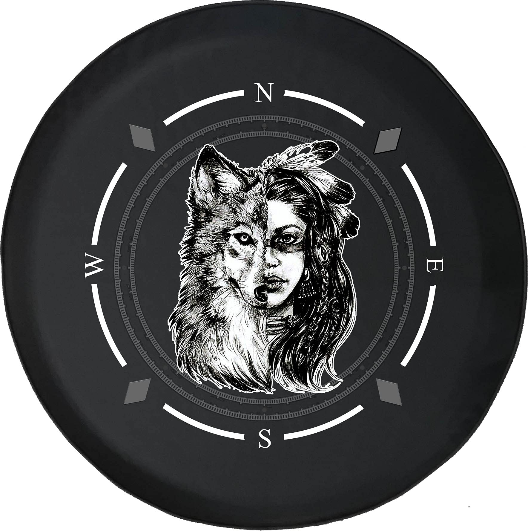Premium Spare Tire Cover with Compass & American Wolf Design - Universal Fit for SUV, Trailer, RV & Most Vehicles | Durable Wheel Protection for Outdoor Adventures & Road Trips