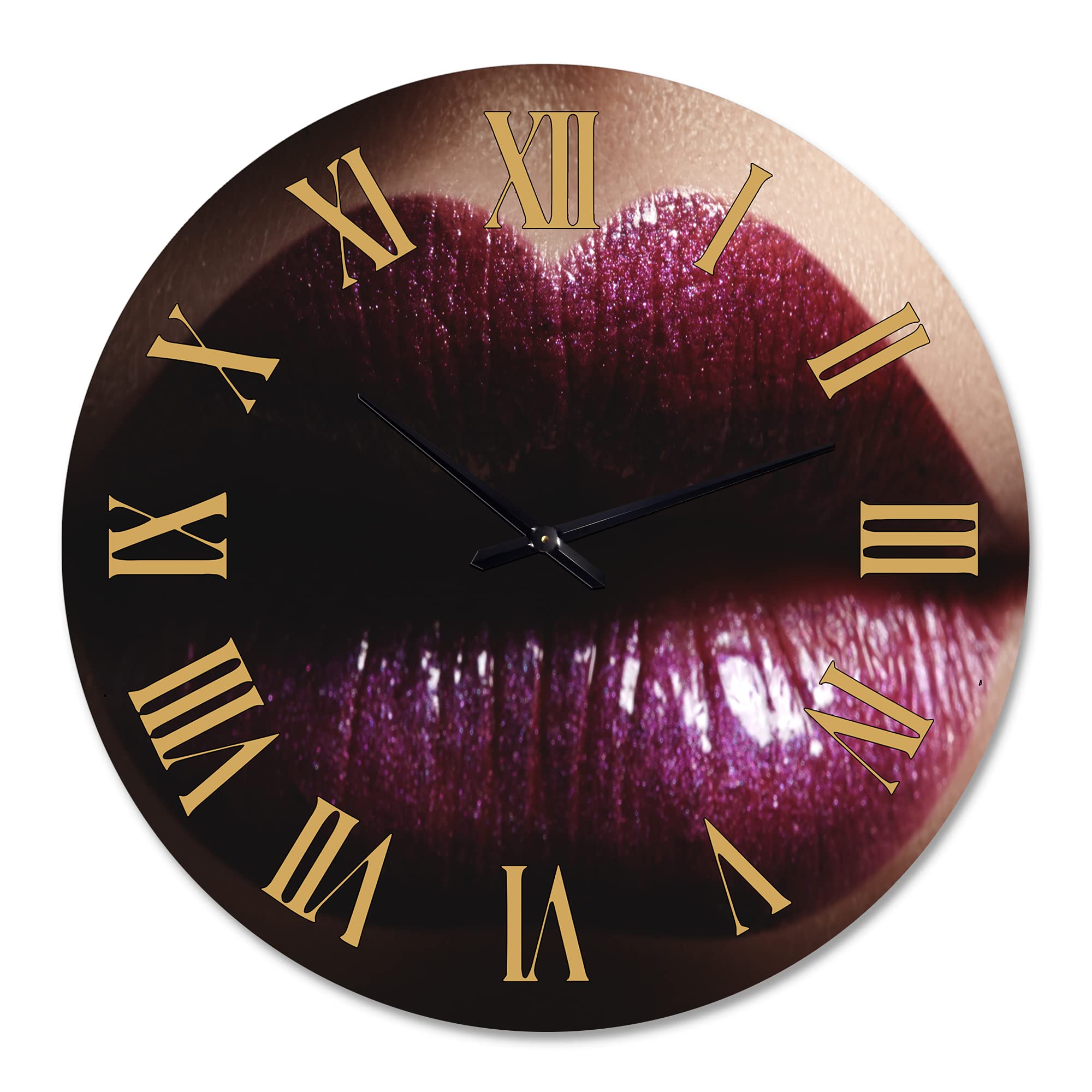 DesignQ Modern Wall Clock - Large 'Close-Up of Female Plump Lips with Glitter' Art Decor for Kitchen, Living Room, Bedroom | Silent Non-Ticking Battery Operated Clock for Home & Office