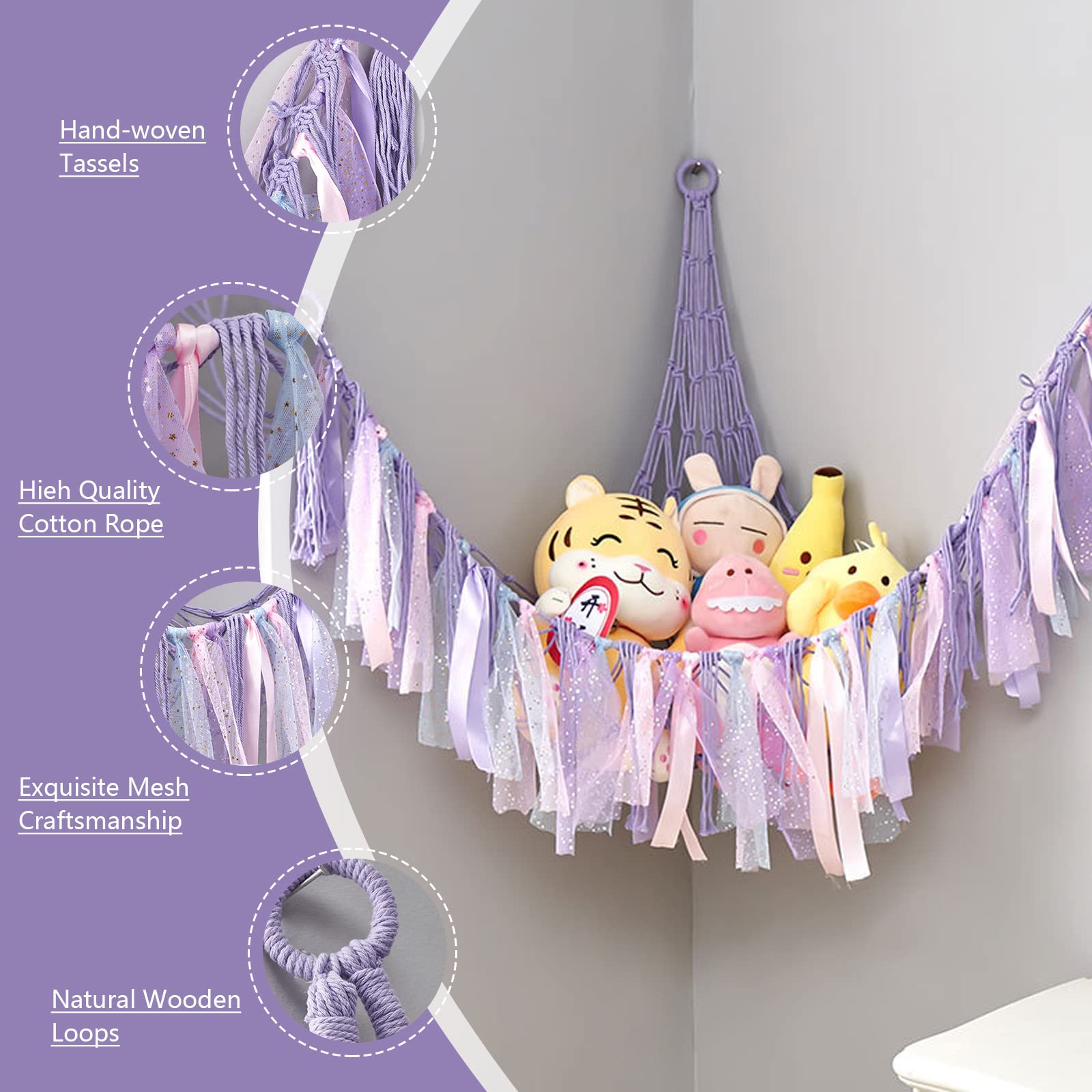 Qivine Hanging Stuffed Animal Storage Net with LED Lights - Large Macrame Plush Toy Hammock for Kids Room & Bedroom Organization - Perfect for Storing Teddy Bears, Dolls & Soft Toys in Nursery or Playroom