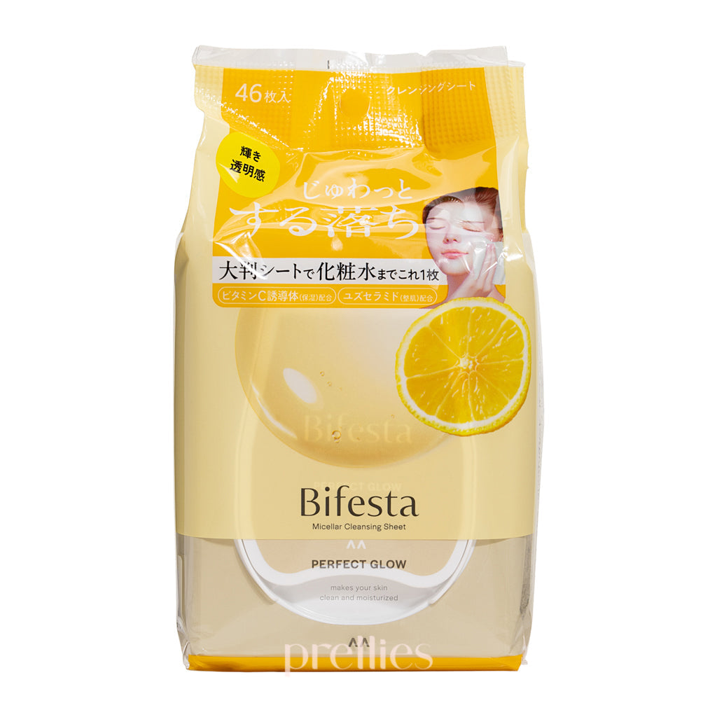 Bifesta Micellar Cleansing Sheet for Face - 46 Count, Perfect Glow, Oil-Free Makeup Remover Wipes - Gentle Cleansing for Travel, Gym & Daily Skincare Routine