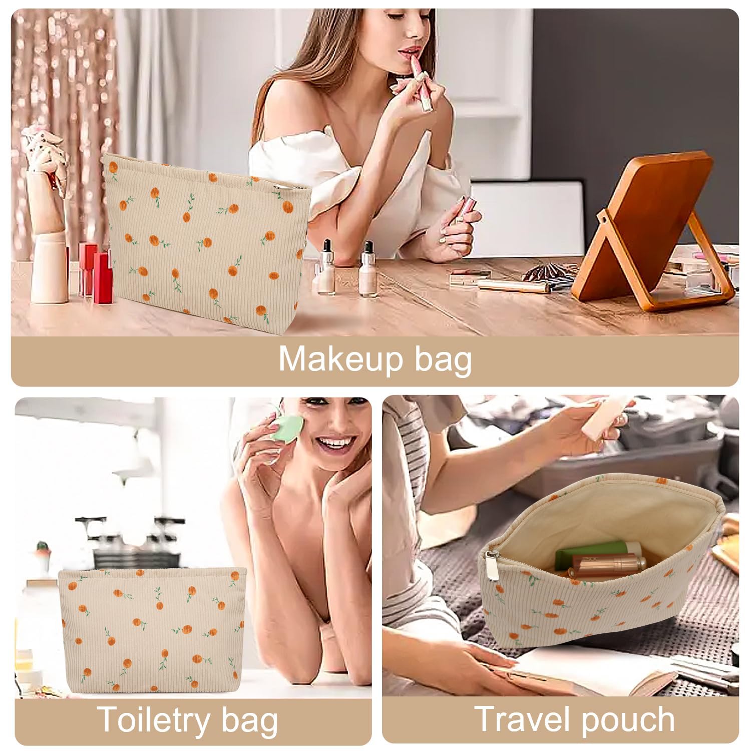 Preppy Cute Corduroy Cosmetic Bag for Women | Travel Makeup & Toiletry Organizer | Yellow Rose Design | Perfect for Gym, Vacation & Daily Essentials