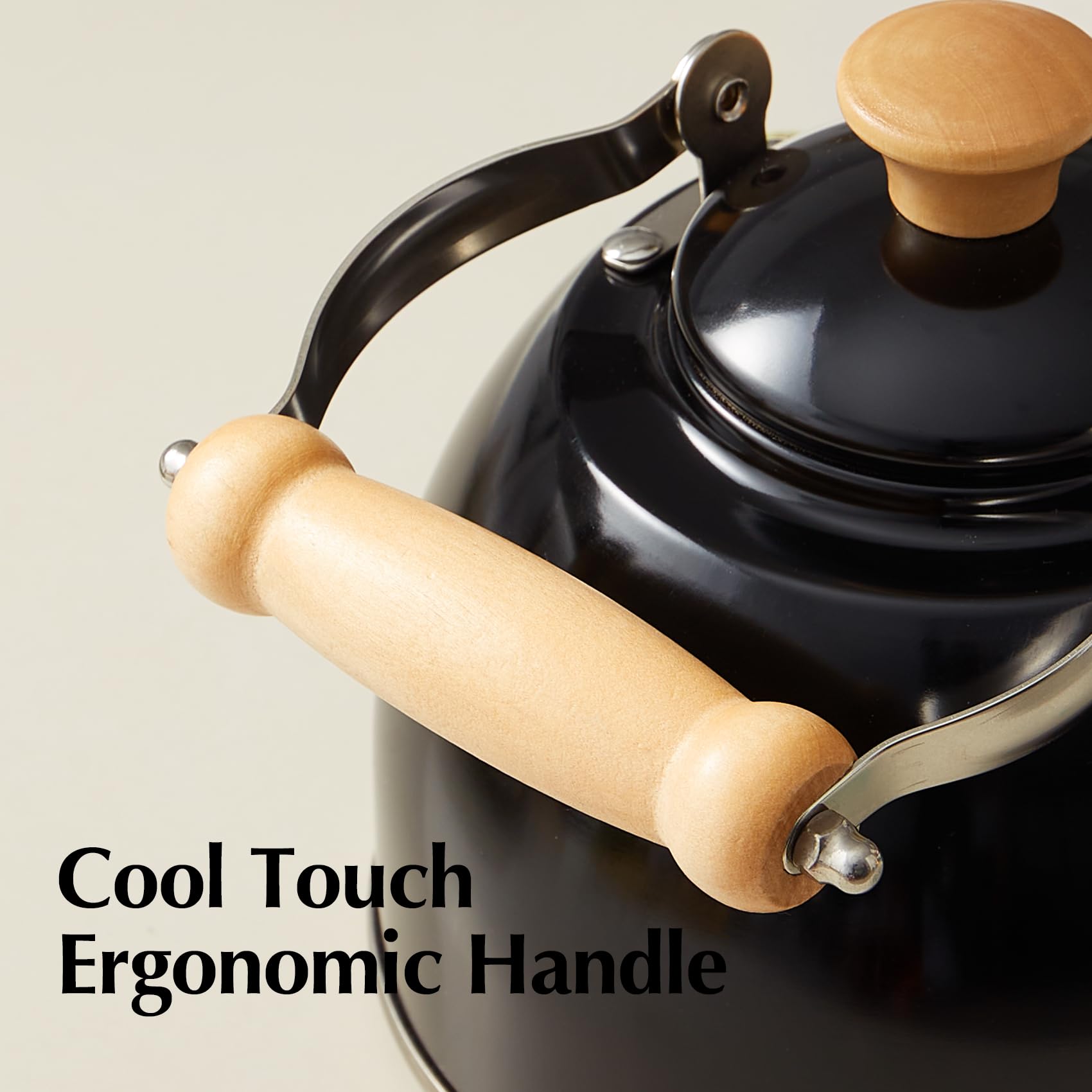 ROCKURWOK 1.6 Quart Stainless Steel Whistling Tea Kettle - Cool Touch Ergonomic Handle, Stovetop Safe, Food Grade Material (Black) - Perfect for Home, Office & Camping Tea Brewing