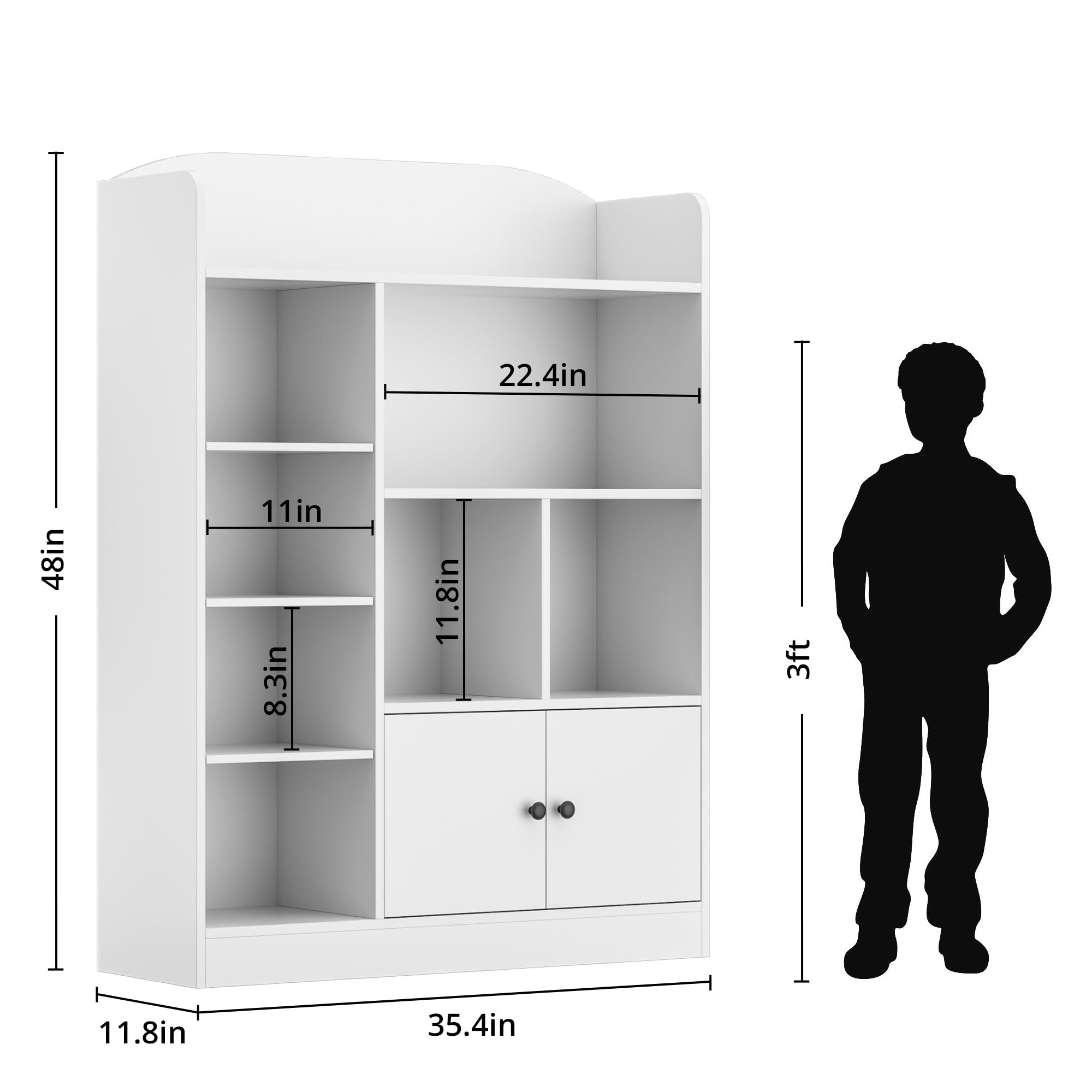 White Kids Bookshelf - 7 Cubbies & 2 Cabinets Book Storage Organizer for Bedroom, Playroom, Nursery | Sturdy Freestanding Bookcase for Children's Books, Toys & Decor | Perfect for Reading Nooks, Daycare & Homeschool Classrooms