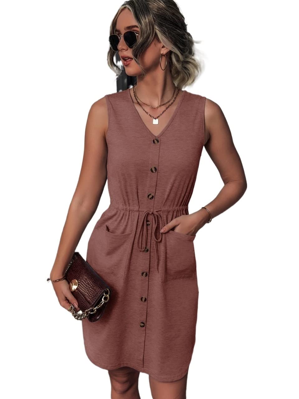 Stylish Fake Buttons Drawstring Waist Patched Pocket Dress - Casual Summer Flowy Dress for Women, Perfect for Beach Outings, Date Nights & Weekend Brunch