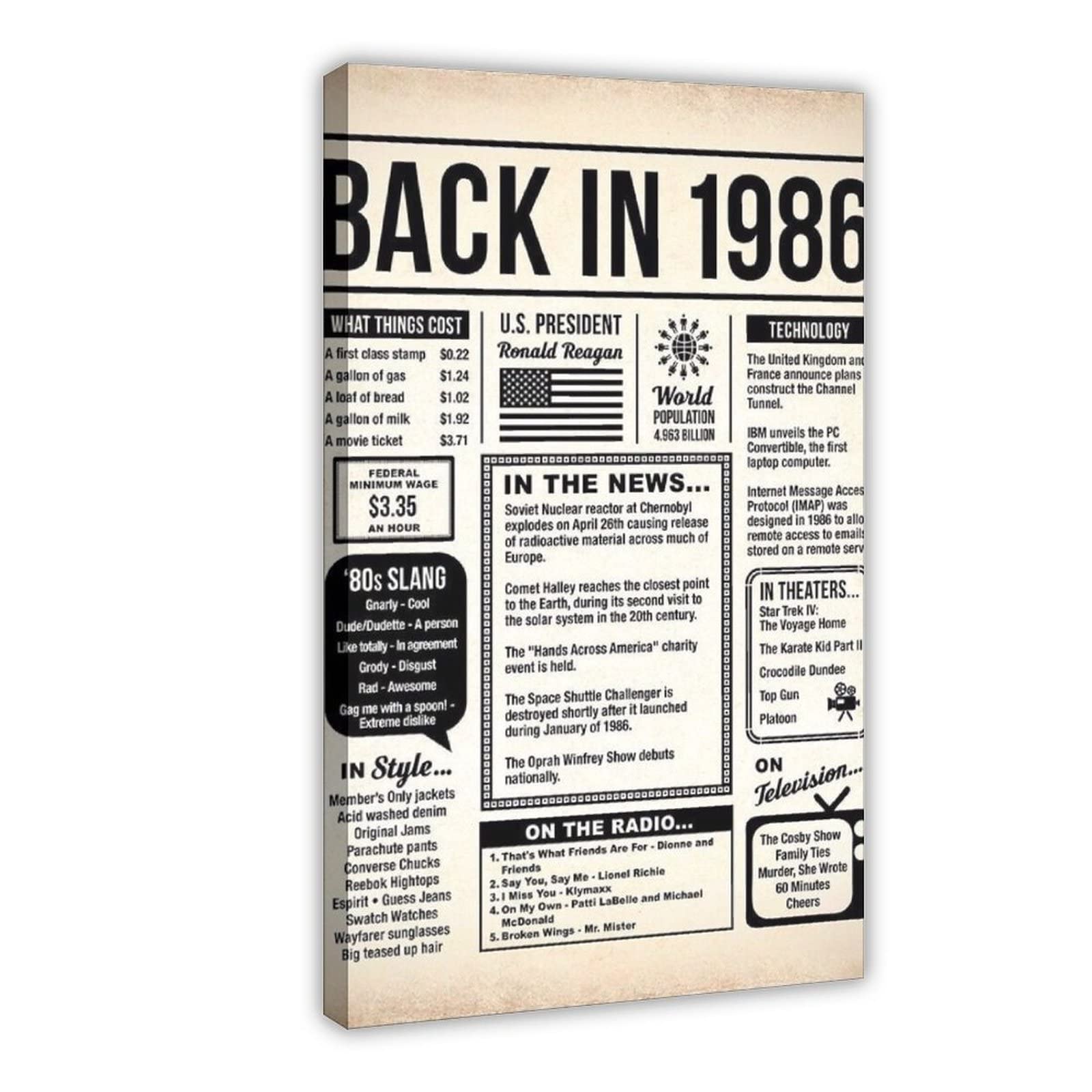 Vintage 1986 Retro Canvas Poster - 24x36 Inch (60x90cm) Framed Wall Art - Perfect Birthday Gift for Men & Women - Ideal for Home Decor, Office, Dorm Room & Party Supplies