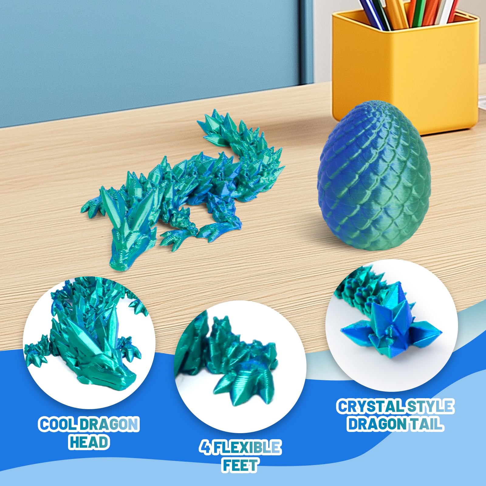 3D Printed Dragon Easter Eggs - 4 Pack with Articulated Crystal Dragon Fidget Toy for Desk Decor & Easter Basket Stuffers (Blue/Green/Gold) - Perfect for Gifts & Stress Relief