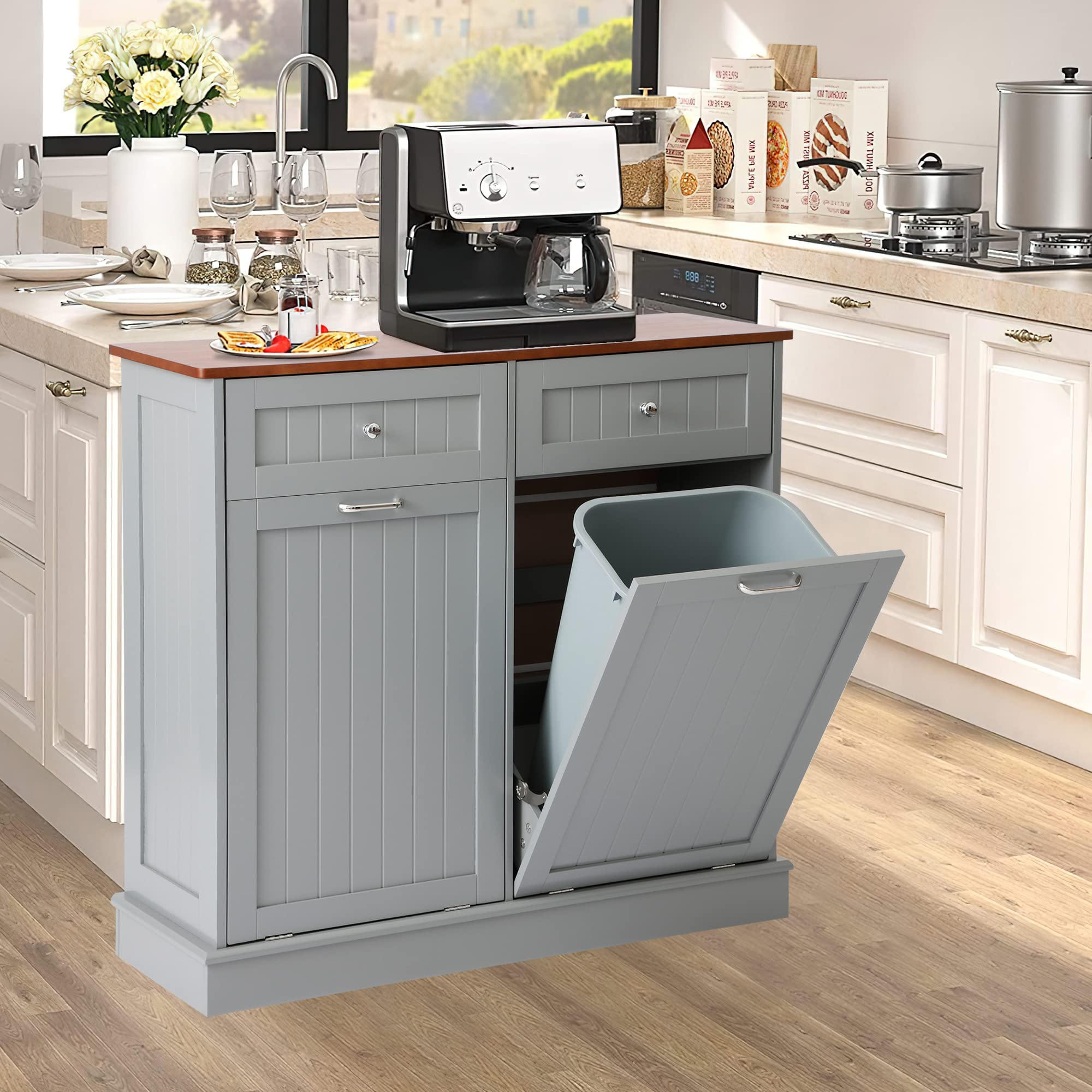 Tilt Out Trash Can Cabinet with Double Hidden Can Holder - Wooden Free Standing Kitchen Recycling Storage - Dog Proof Gray Cabinet for Waste Management & Home Organization