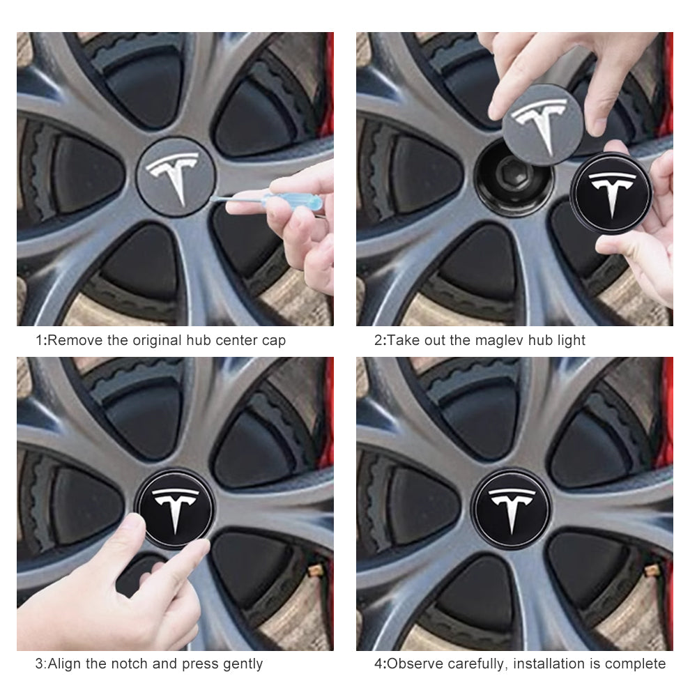 EVBASE Tesla Logo Model 3/Y LED Wheel Hub Caps (4PCS) - Waterproof LED Center Caps for Night Driving & Car Customization - Perfect for Tesla Enthusiasts & Car Modifications