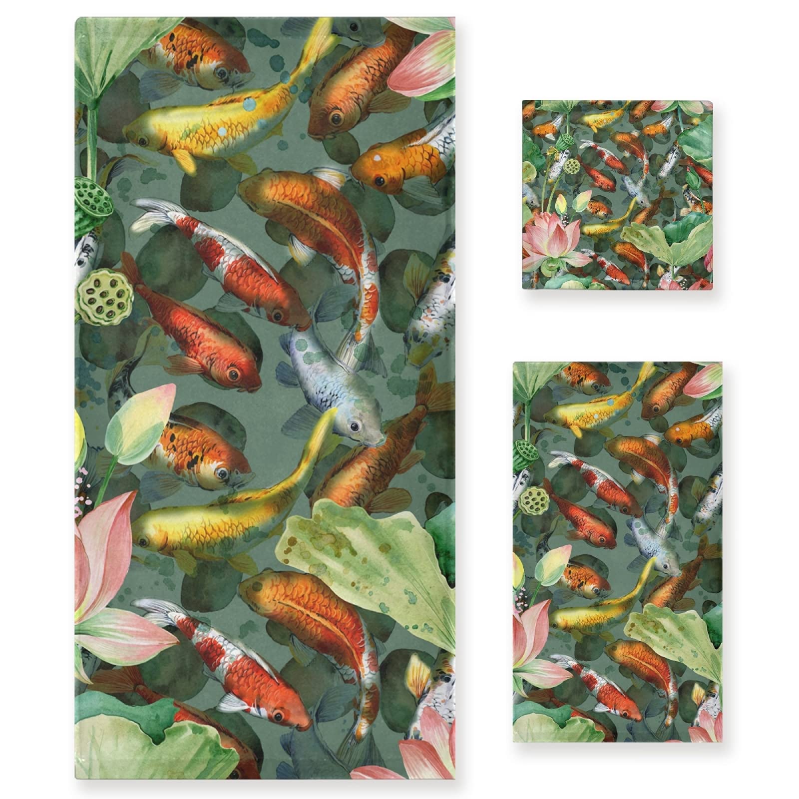 3-Piece Koi Fish with Flower Bath Towel Set - Soft Absorbent Bath, Hand & Wash Cloths for Bathroom, Hotel, Spa | Luxury Home Decor, Beach & Gym Essentials
