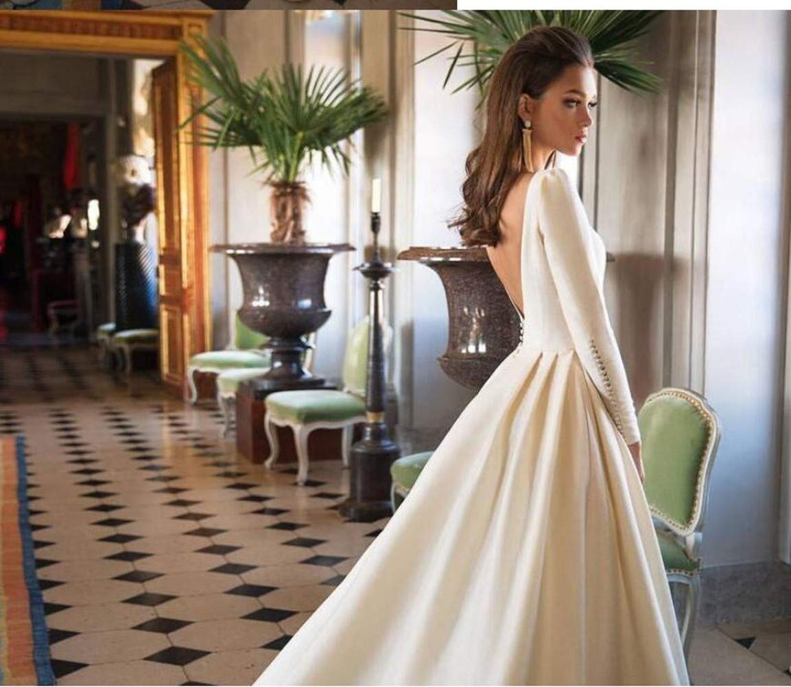 Emanni Women's A-Line Simple Wedding Dress Long Sleeves Boat Neck Satin Bridal Gown Ivory - Perfect for Church, Beach, and Garden Weddings