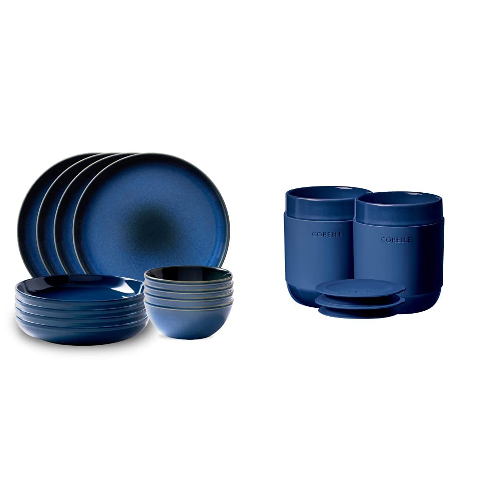 Corelle Navy Stoneware Dinnerware Set for 4 with 2 Tumblers & Silicone Lids - 16-Piece Dish Set for Hot/Cold Drinks - Durable Glazed Dinnerware for Everyday Use, Family Meals & Entertaining Guests