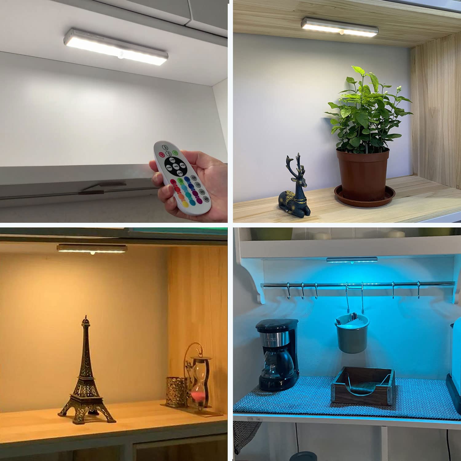 SZOKLED Wireless Under Cabinet Lights - 48 LED Rechargeable Dimmable Closet Lighting with Remote Control, Stick-On Under Counter Lights for Kitchen, Shelf, Pantry & Desk (4 Pack) - Perfect for Home, Office & DIY Projects