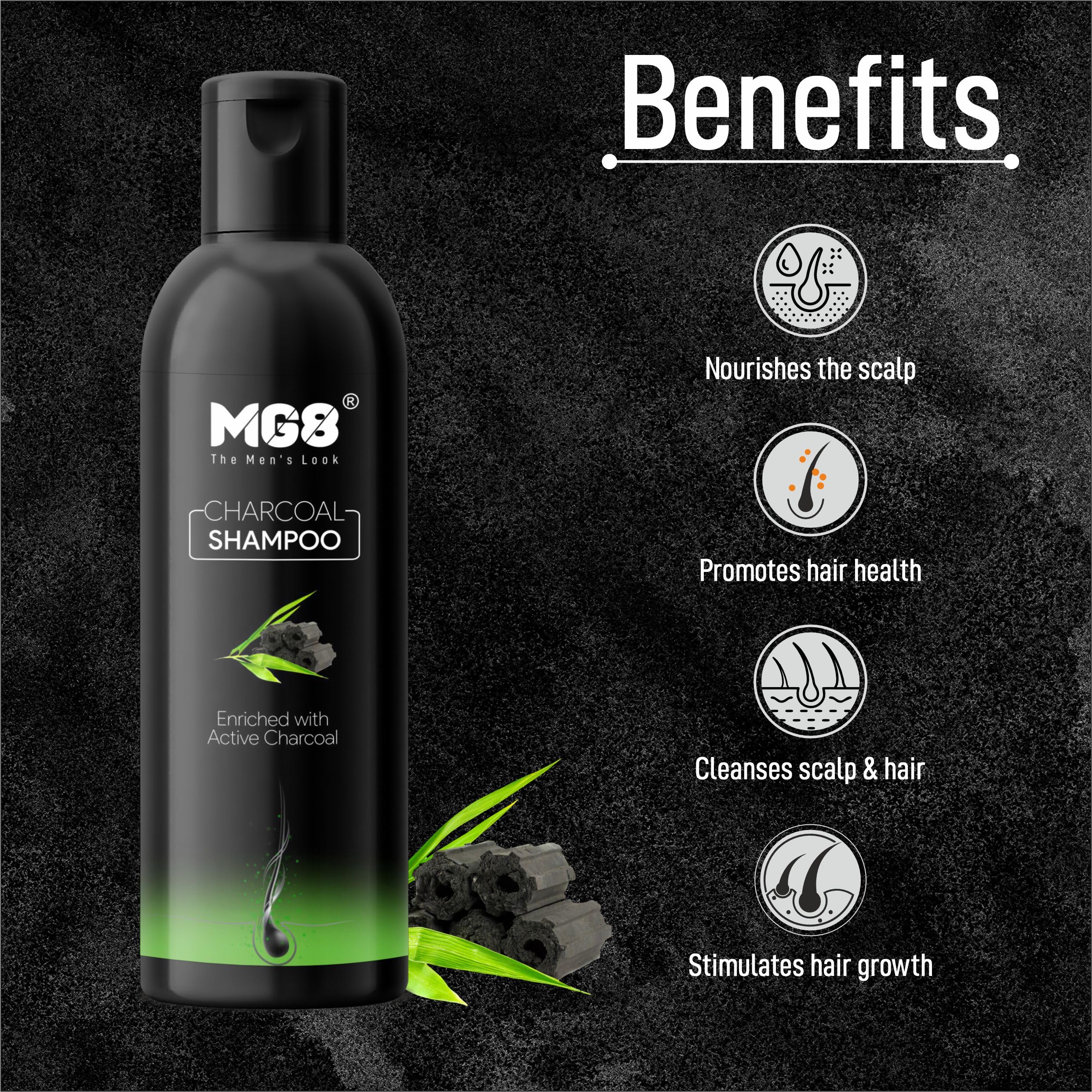 MG8 Anti-Dandruff Shampoo for Men - 250ml Charcoal Shampoo for Oily Scalp | Promotes Hair Growth & Healthy Shine | Ideal for Daily Use & Scalp Care