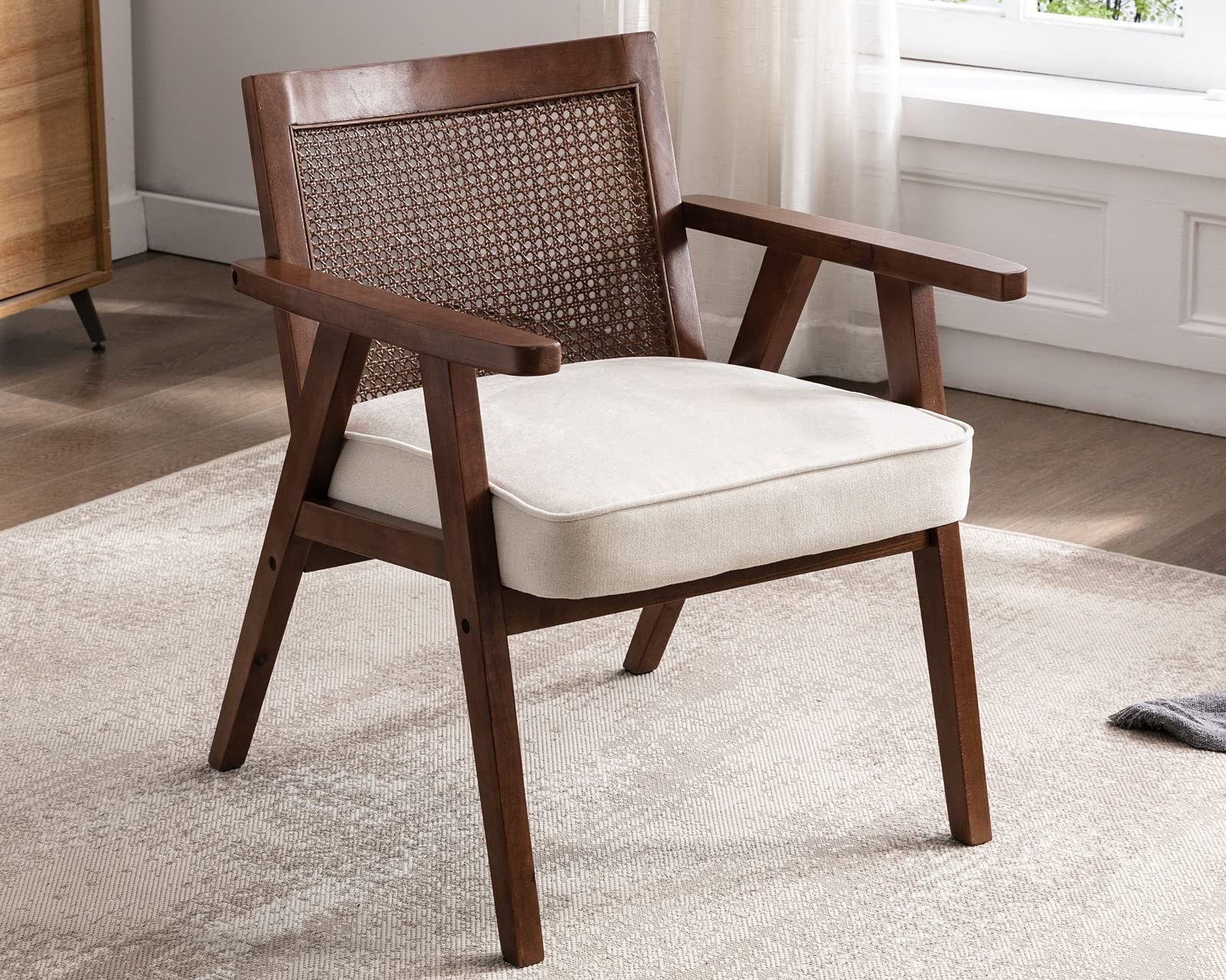 Mid Century Modern Accent Chair - Breathable Mesh Rattan Back & Chenille Upholstery, Cream with Dark Wood Legs - Perfect for Living Room, Bedroom, or by the Fireplace