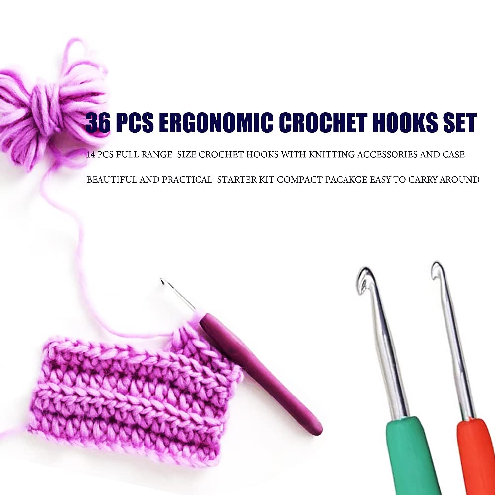 36-Piece Ergonomic Crochet Hooks Set with Case - 14 Sizes (2mm-10mm) for Beginners & Arthritic Hands - Extra Long Comfortable Crochet Needles for Knitting, Amigurumi & DIY Crafts