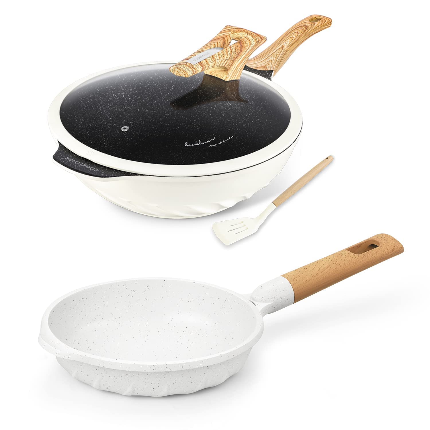 COOKLOVER 12.6 Inch Non-Stick Wok with Lid & 11 Inch Induction Frying Pan Set - White | Professional Stir Fry Cookware for Asian Cooking, Home Kitchen & Restaurant Use