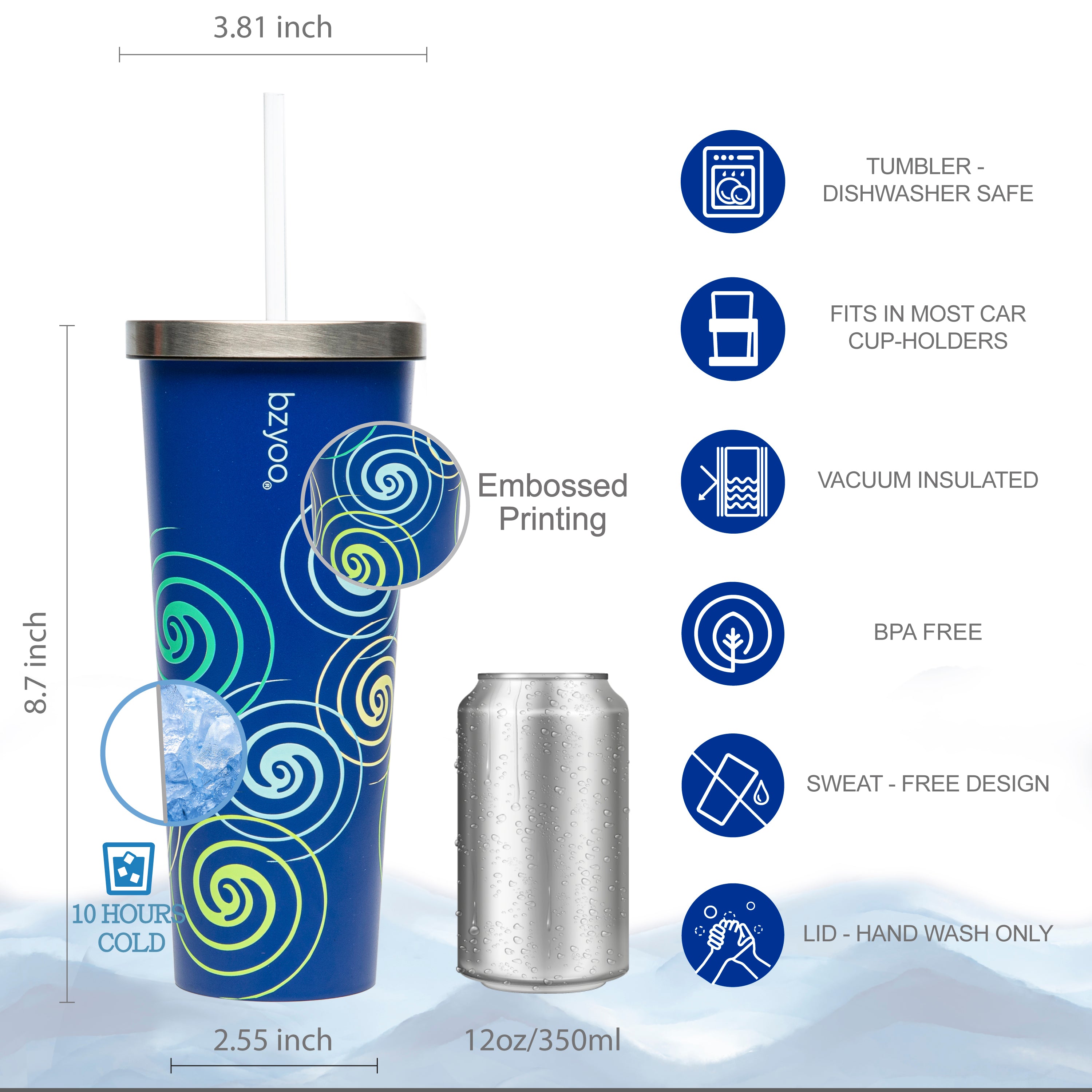 24oz Double Wall Vacuum Insulated Stainless Steel Tumbler with Straw Lid - Blue Swirl Design | Leakproof & Sweatproof | Perfect for Coffee, Iced Tea & Outdoor Activities
