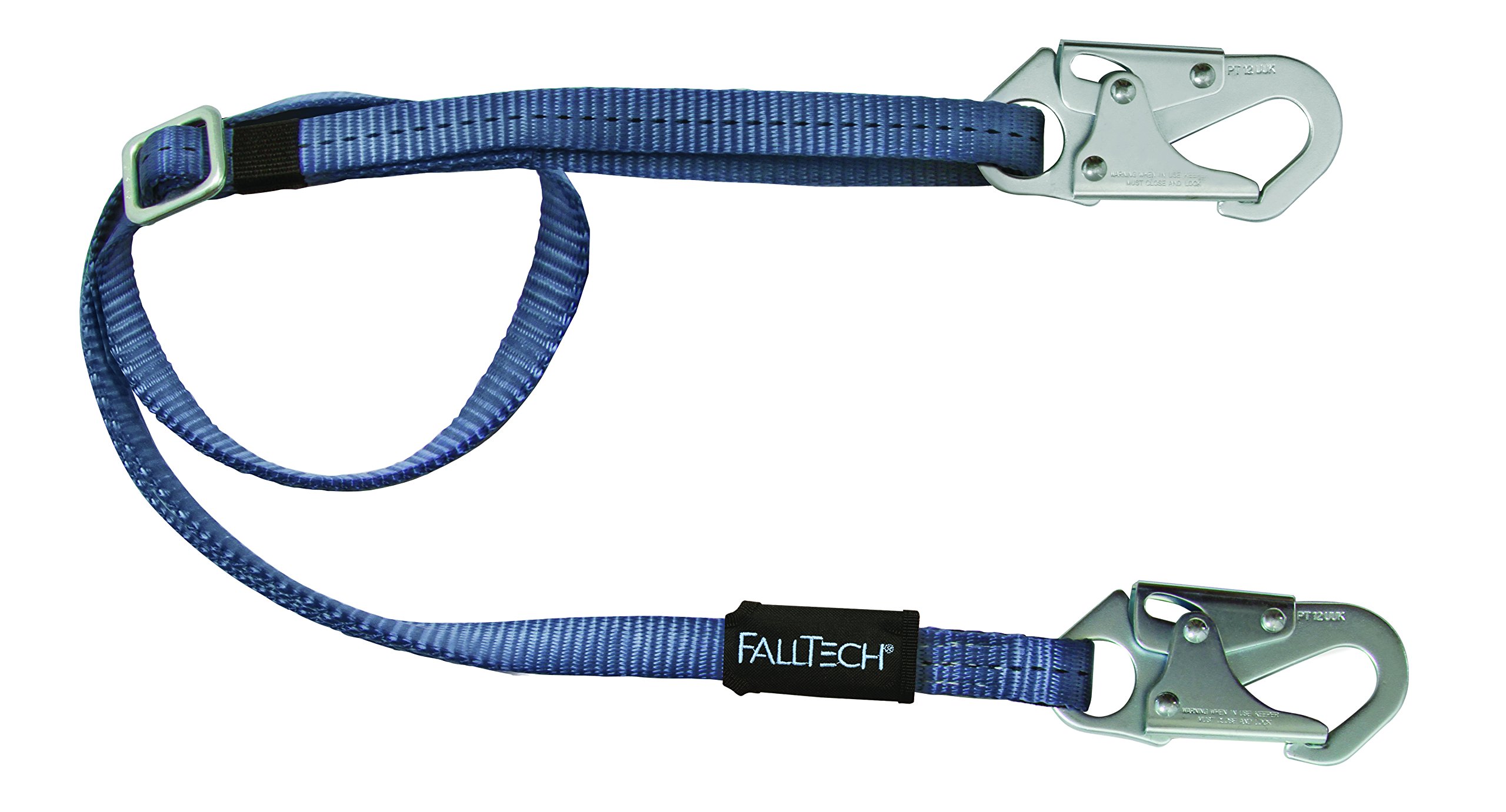 FallTech 82098 Adjustable Single Leg Restraint Lanyard with 2 Snap Hooks - 5' to 8' Length, Blue Safety Harness for Construction & Roofing Work