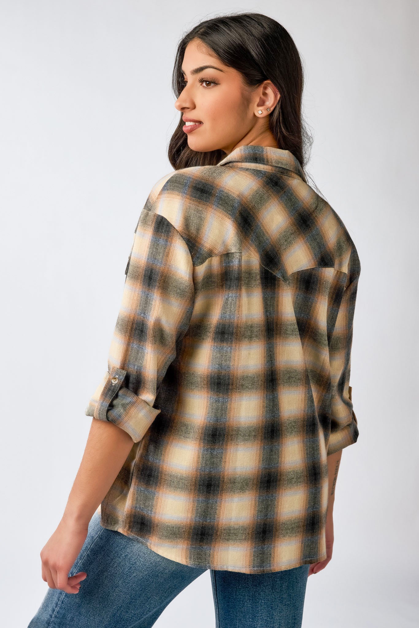 Men's Plaid Flannel Shirt with Roll-Up Sleeves - Soft Cotton Button Down Shirt for Casual Wear, Outdoor Activities & Fall Layering