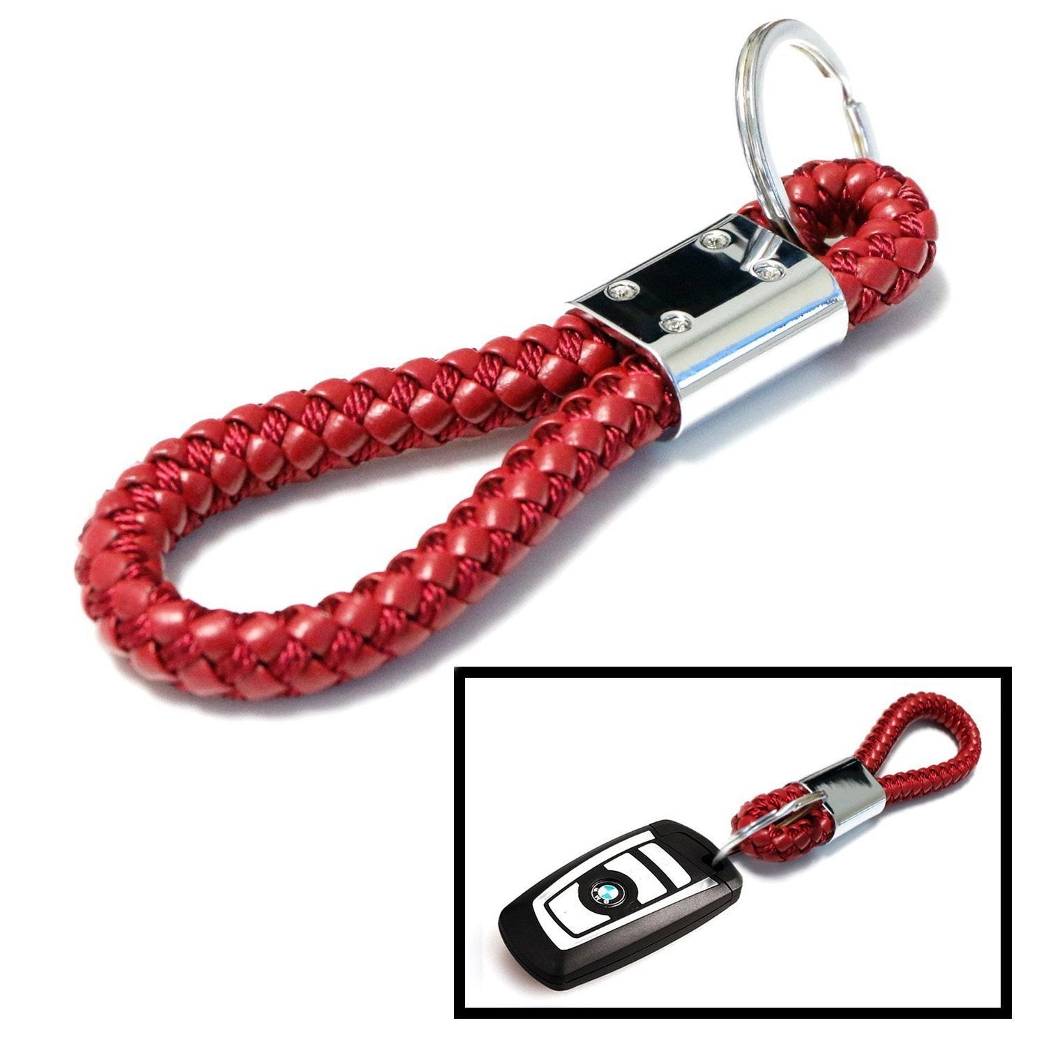 Braided Leather Keychain with Ring - Durable Red Leather Strap for Car Keys & Key Fobs | Perfect for Key Organization & Easy Access in Car, Home, or Office