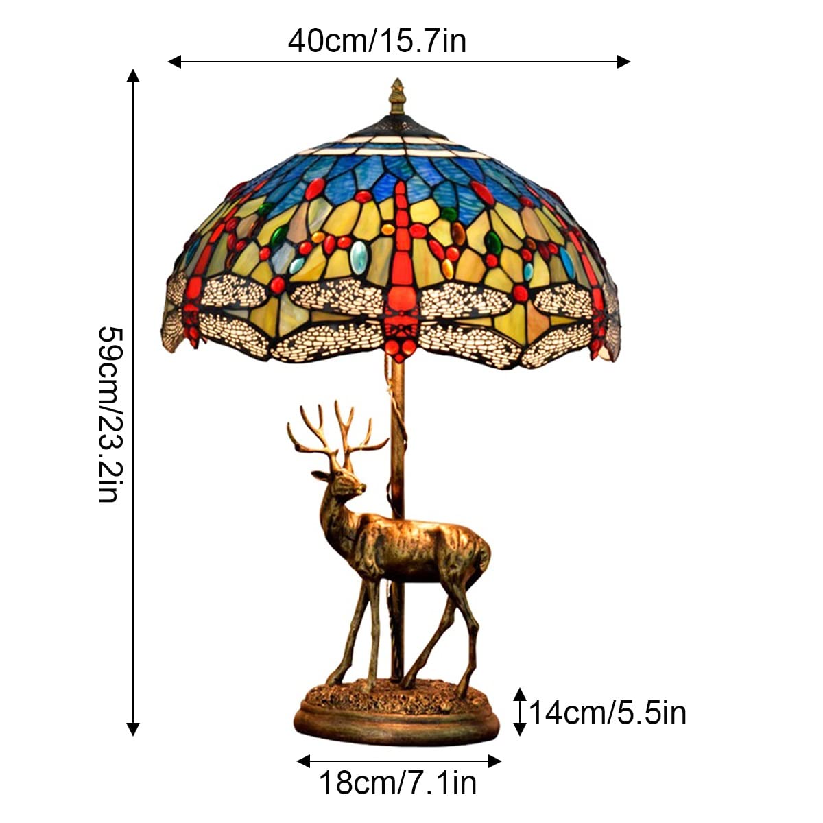Tiffany Style Dragonfly Table Lamp - Handcrafted Stained Glass Shade with Elk Resin Base - Elegant Living Room Decor, Mediterranean Dining Table Lighting, Cozy Reading Desk Lamp for Home & Office Use