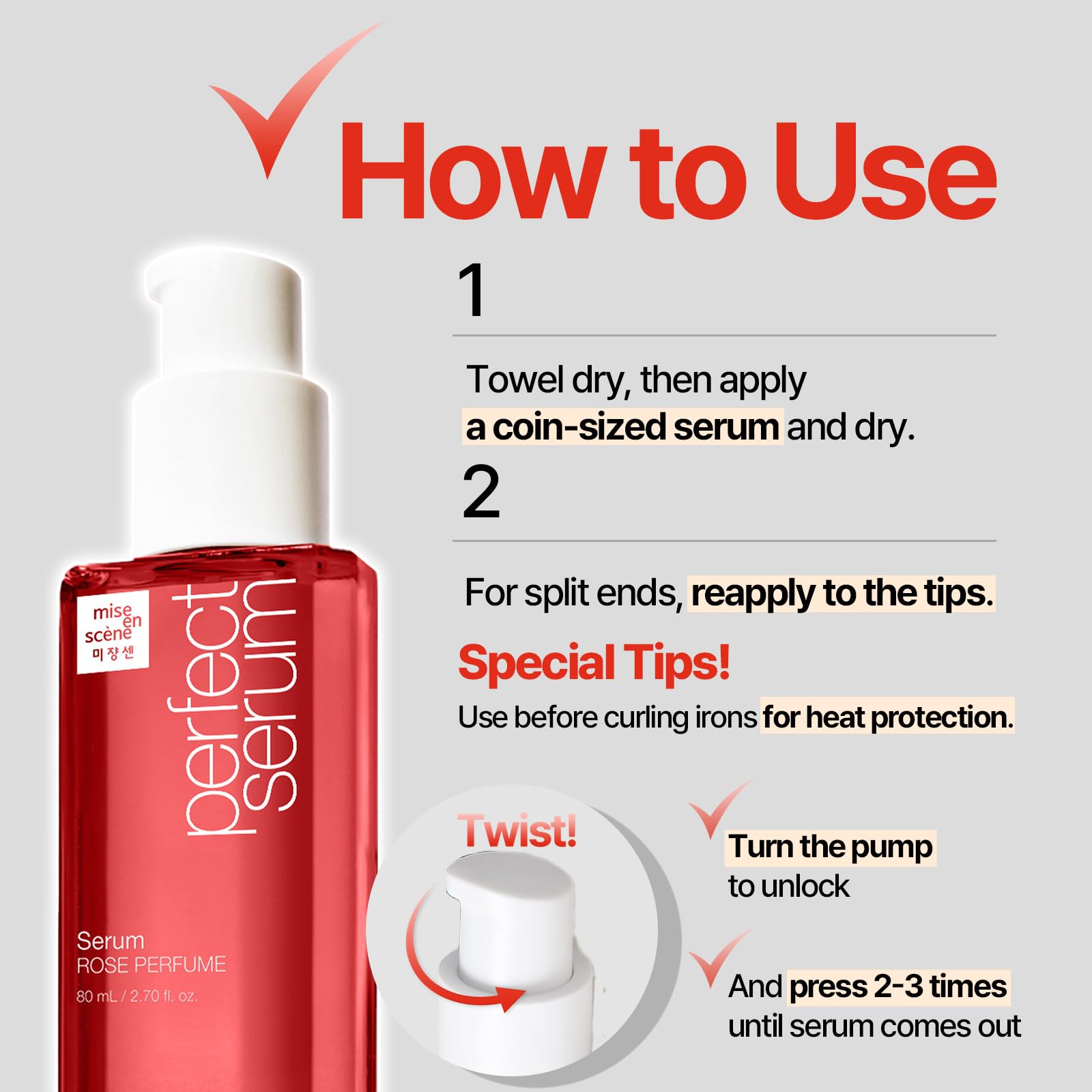 Mise En Scene Perfect Rose Perfume Serum - Korean Hair Essence with Natural Rose Fragrance & Argan Oil for Damaged Hair Repair, 2.7 fl oz | Hydrating Leave-in Treatment for Dry, Frizzy Hair | Daily Hair Care & Styling Essential