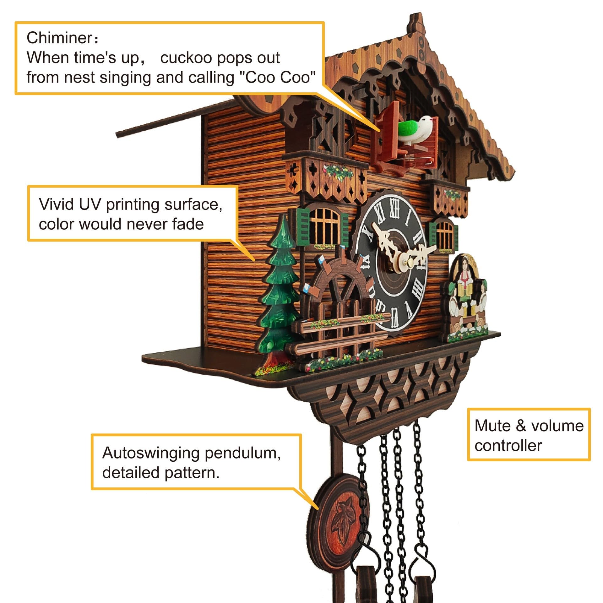 Handcrafted Brown Aimery Cuckoo Clock with Moving Coo Coo Bird & Melodic Chimes - Traditional German-Style Wall Clock for Home, Office & Cabin Decor (Model 2)