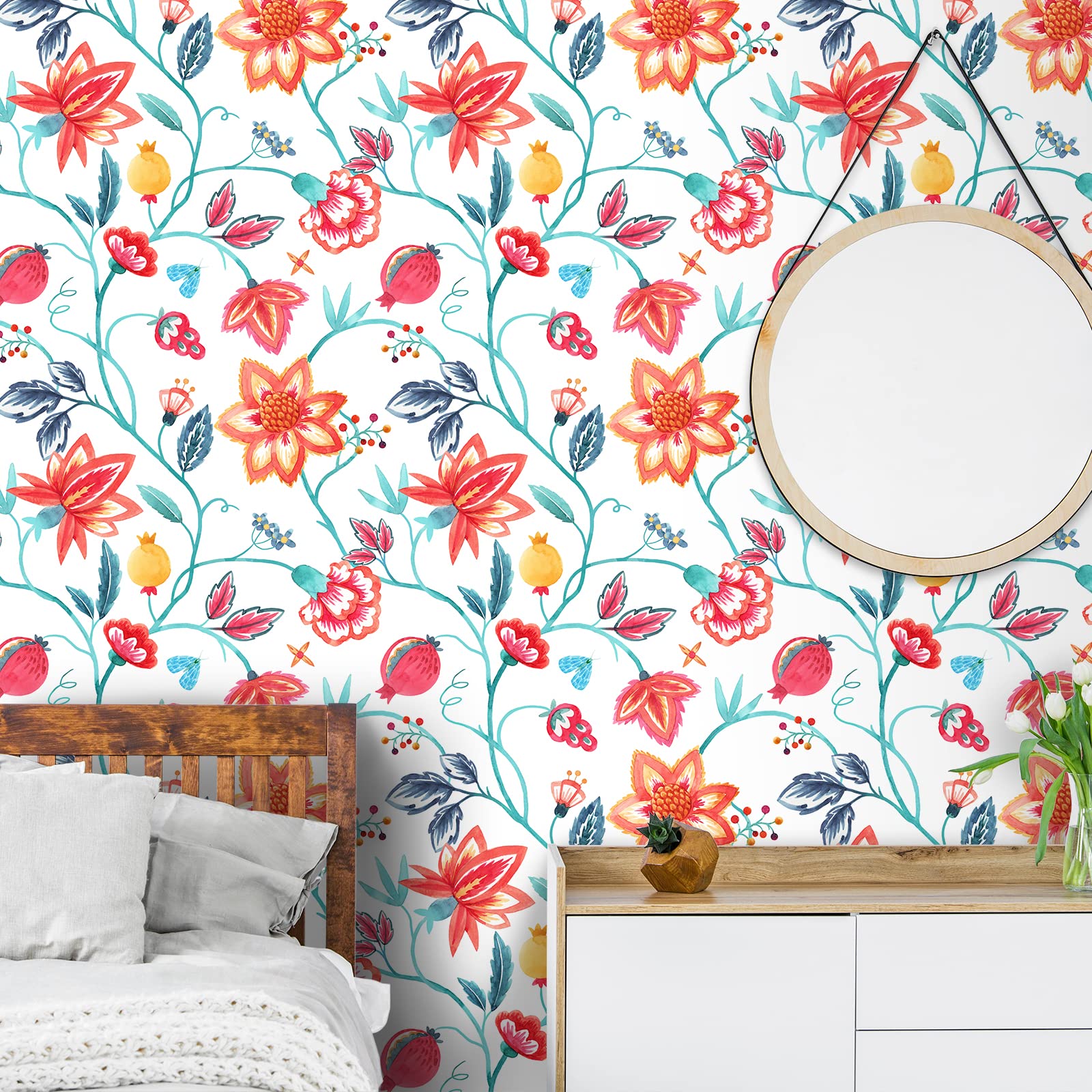VaryStyle Orange Red Floral Peel and Stick Wallpaper - 17.7