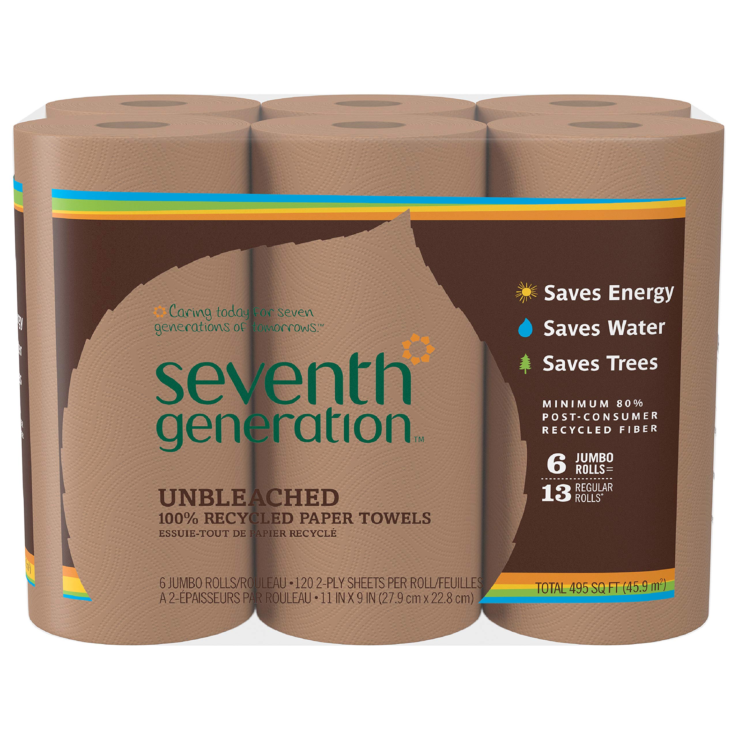 Seventh Generation Unbleached Paper Towels | 100% Recycled, Eco-Friendly, 6 Rolls (Pack of 4) | Perfect for Kitchen Cleaning, Spill Absorbing & Sustainable Home Use