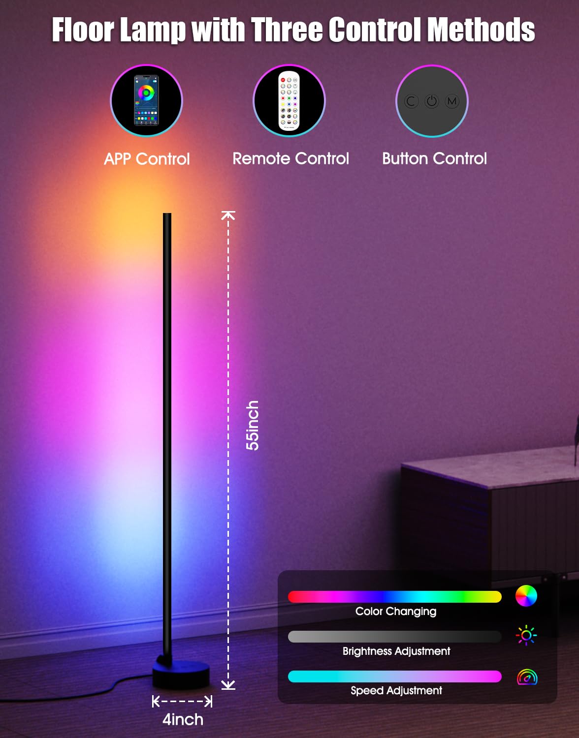 Royana 2 Pack RGB Dimmable LED Floor Lamps with Remote & App Control - 55.5'' Smart Corner Lighting for Living Room, Bedroom, Party & Home Decor | Mood Lighting & Ambient Illumination