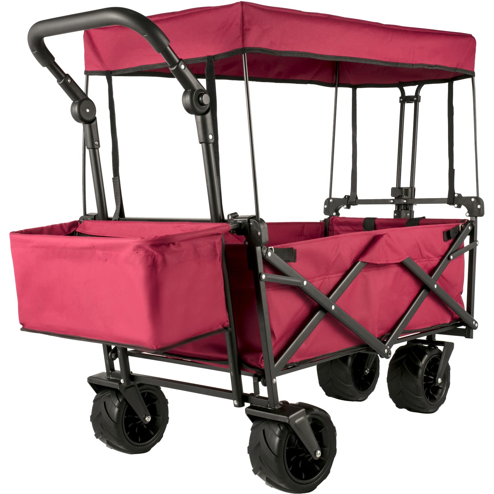 Best Collapsible Wagon with Removable Canopy - Heavy Duty 220lbs Capacity Foldable Beach Cart with Large Wheels - Adjustable Push/Pull Handle Folding Stroller Wagon (Red) - Perfect for Beach Trips, Camping, Grocery Shopping & Outdoor Adventures
