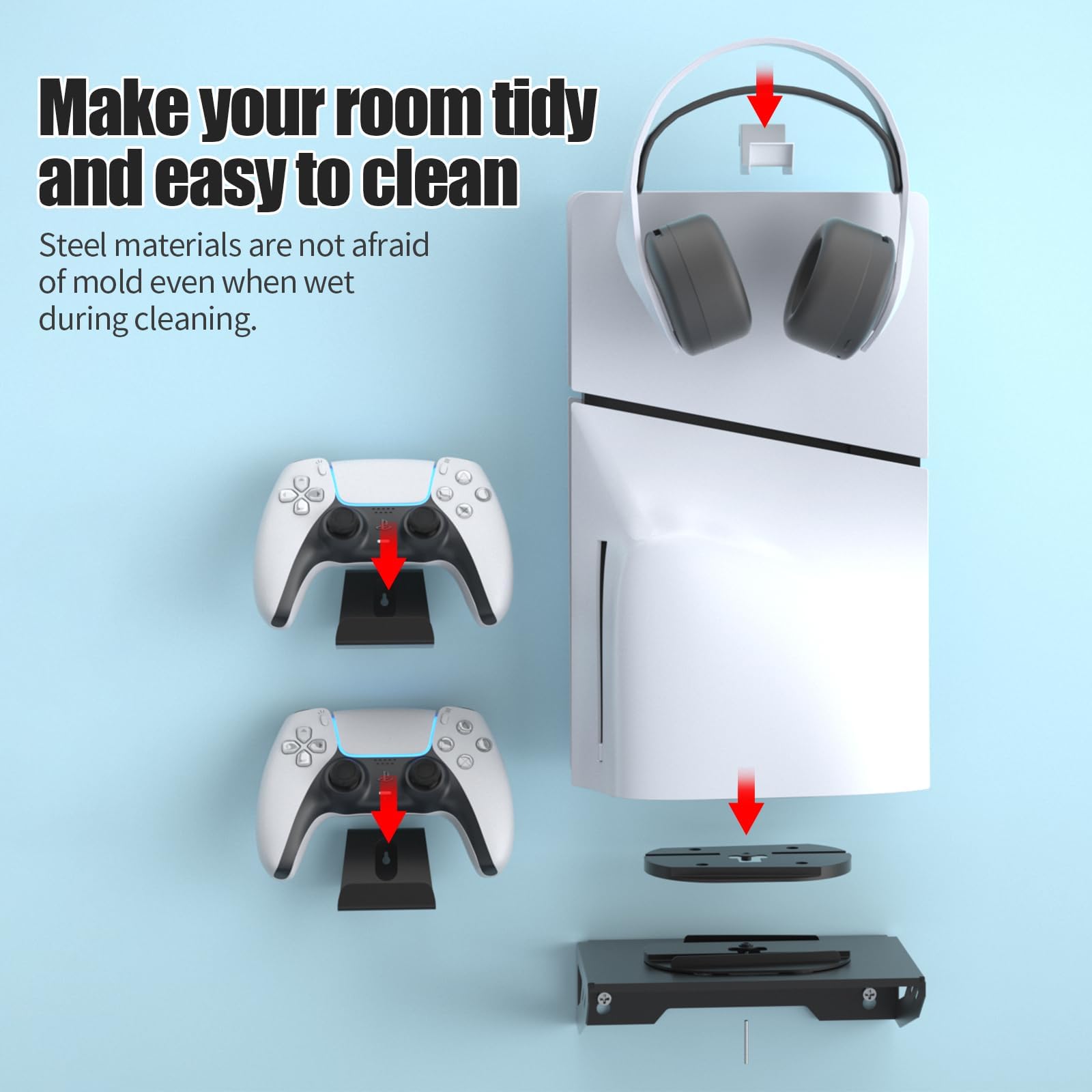 NANANINO PS5 Slim Wall Mount Kit - Black Wall Mount for PS5 with Controller Holder & Headphone Hook | Secure Storage Stand for PlayStation 5 Slim | Perfect for Gaming Room Setup & Space Saving Organization