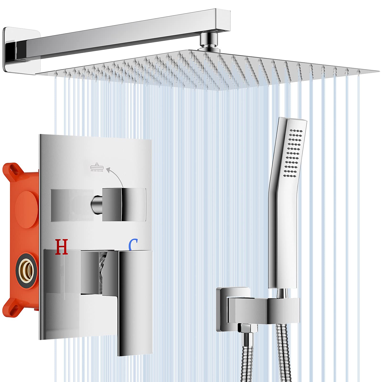 NERDON 12 Inch Chrome High Pressure Rain Shower Head with Handheld Spray - Wall Mounted Shower System Combo Set with Brass Valve & Trim | Perfect for Luxurious Rainfall Shower Experience in Modern Bathrooms
