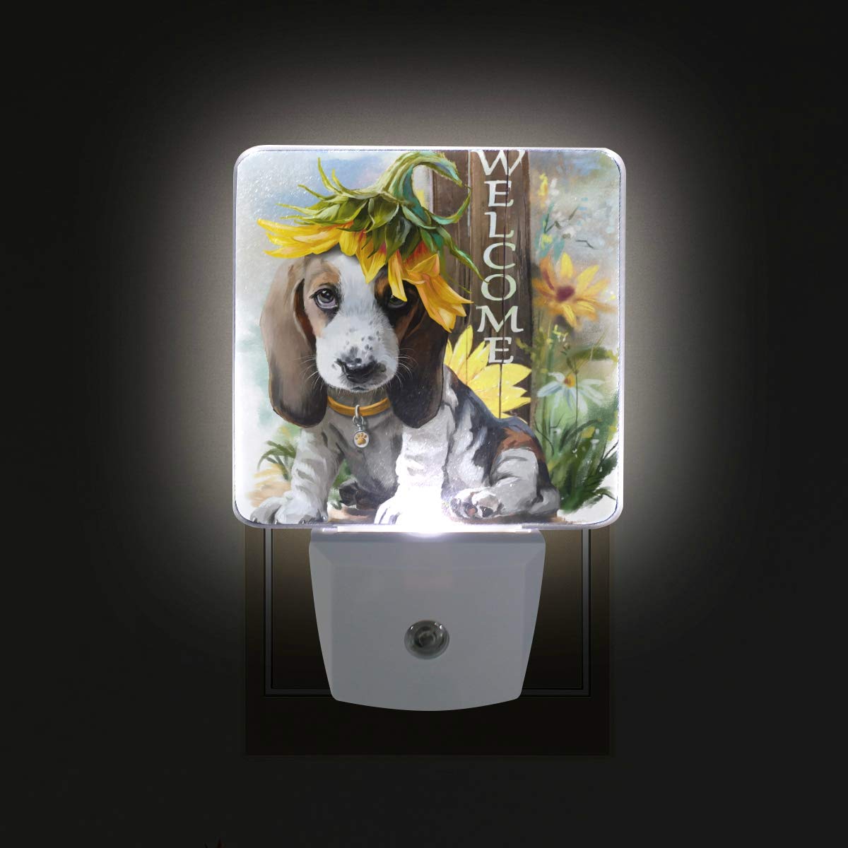 Vikko Welcome Sunny The Beagle Dog Sunflower Night Light Plug in 2 Pack - LED Dusk to Dawn Sensor Nightlight for Kids & Adults - Perfect for Bedroom, Living Room, Hallway Decor - Creates Cozy Ambiance for Nurseries, Bathrooms & Home Offices