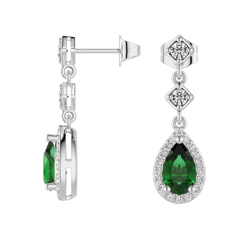 1.24 CT Pear Emerald Drop Earrings with Pavé Halo - Elegant Dangle Earrings for Women, Perfect for Weddings, Parties & Special Occasions