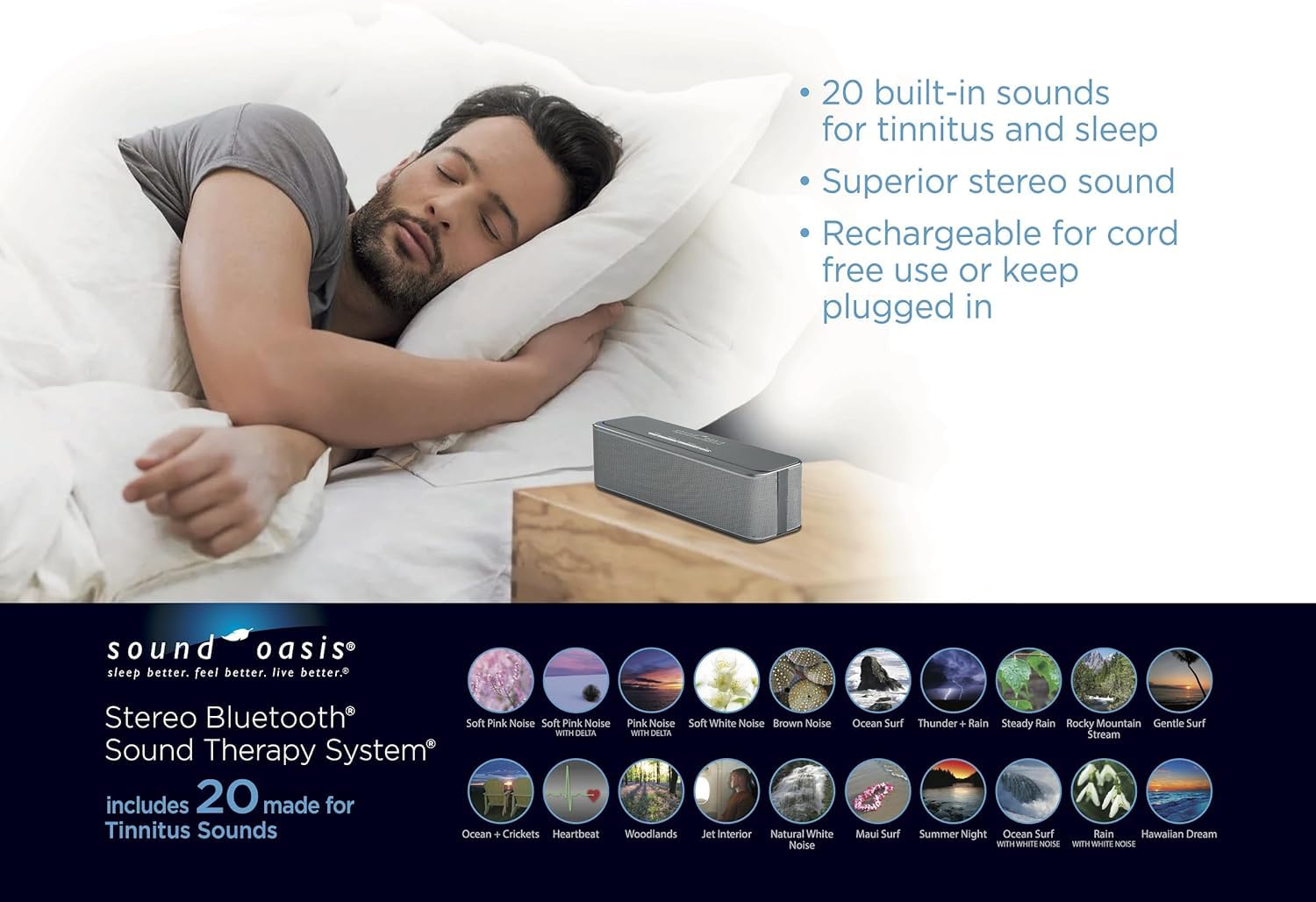 Sound Oasis Stereo Bluetooth Sound Machine for Sleep & Tinnitus Relief - 20 Non-Looping Soothing Sounds with Pink Noise | Hi-Fidelity Portable Speaker for Home, Baby Nursery, Office & Travel | White Noise Therapy for Relaxation, Meditation & Better Sleep