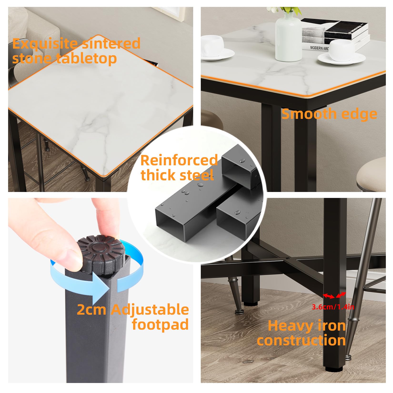 Wisfor White Square Sintered Stone Bar Table with Black Metal Frame - 27.56x27.56x41.34 Inch High Top Pub Table, Small Breakfast Dining Table, Tall Coffee Table with Cross-Legs - Perfect for Kitchen Islands, Outdoor Patios, and Modern Living Rooms