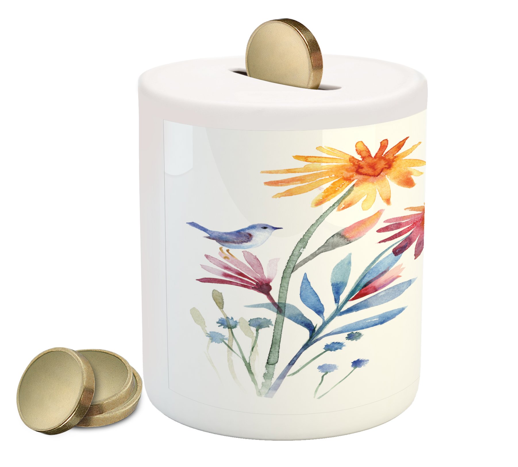 Ambesonne Ceramic Piggy Bank with Watercolor Spring Flowers & Birds - Unique Brush Effect in Slate Blue, Amber & Lavender | Money Saving Coin Bank for Kids & Adults | Perfect for Birthday Gifts, Home Decor & Cash Savings