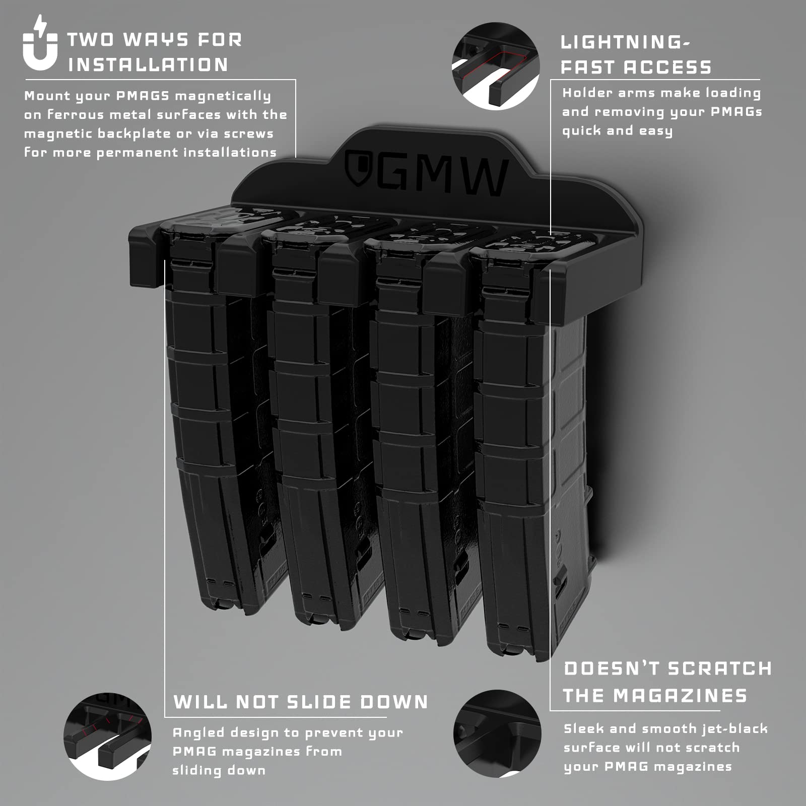 GMW PMAG Magazine Holder - AR Magnetic Gun Magazine Wall Mount for Gun Safe Storage | Secure & Quick Access for Home Defense & Range Practice