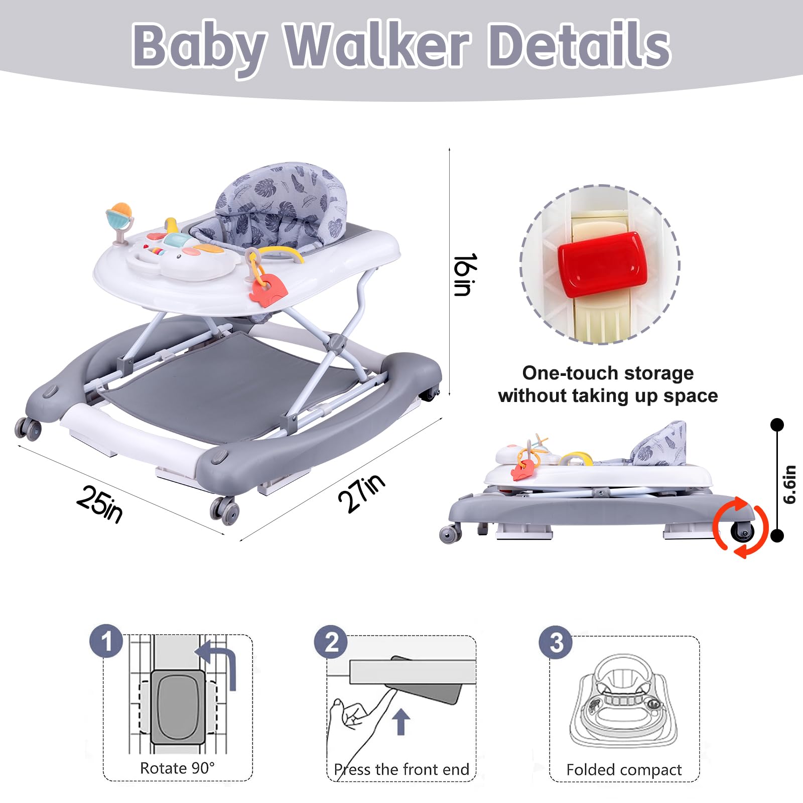 5-in-1 Foldable Baby Walker with Detachable Trampoline Mat - Adjustable Speed Wheels & Height for 6-18 Months (Grey) | Baby Bouncer, Rocker, Activity Center & Push Walker | Perfect for Playtime, Learning to Walk & Indoor Entertainment