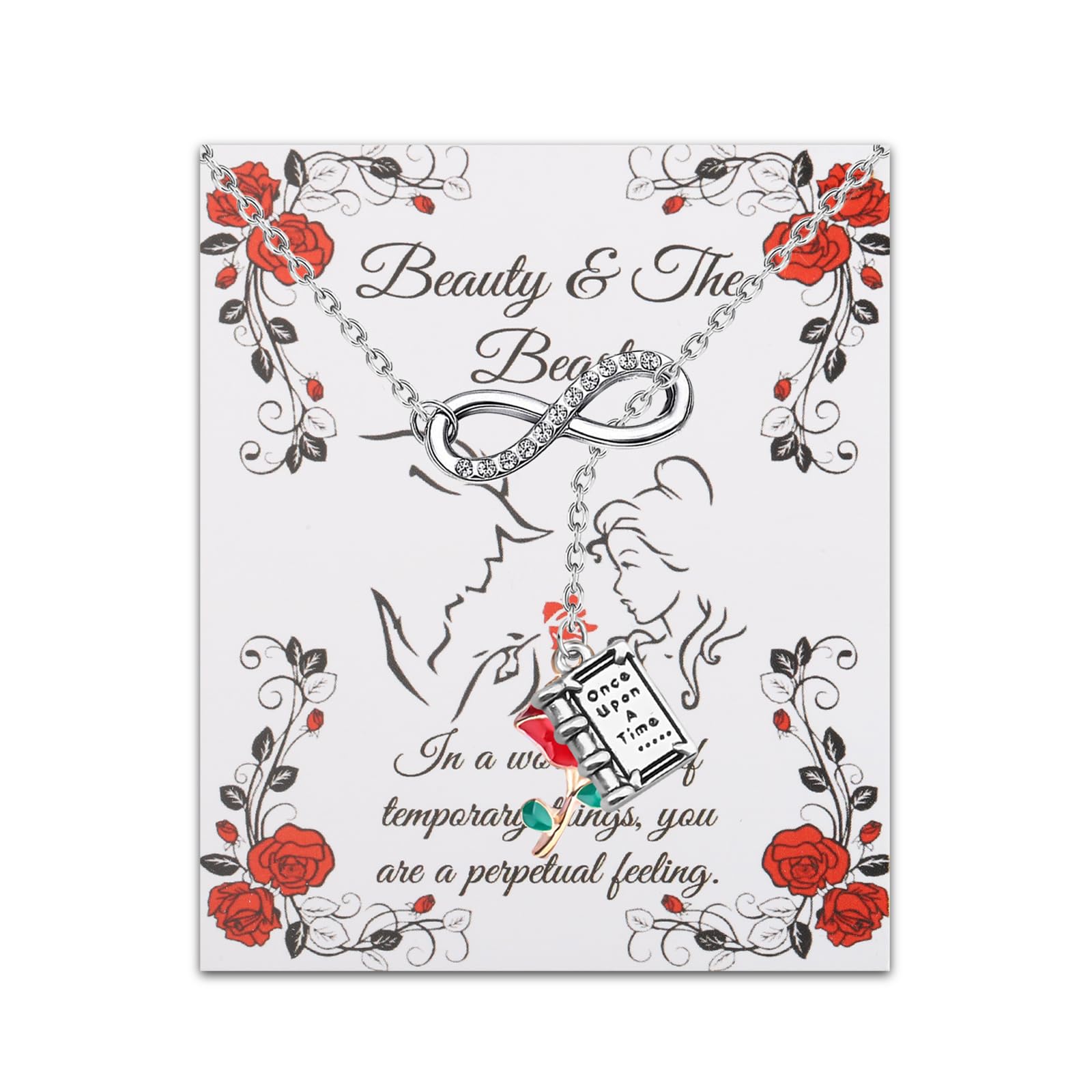 UJIMS Beauty and the Beast Rose Pendant Necklace - Disney Princess Jewelry Gift for Women, Girls (Necklace & Bracelet Set) - Perfect for Cosplay, Birthday Gifts, and Fairy Tale Themed Parties