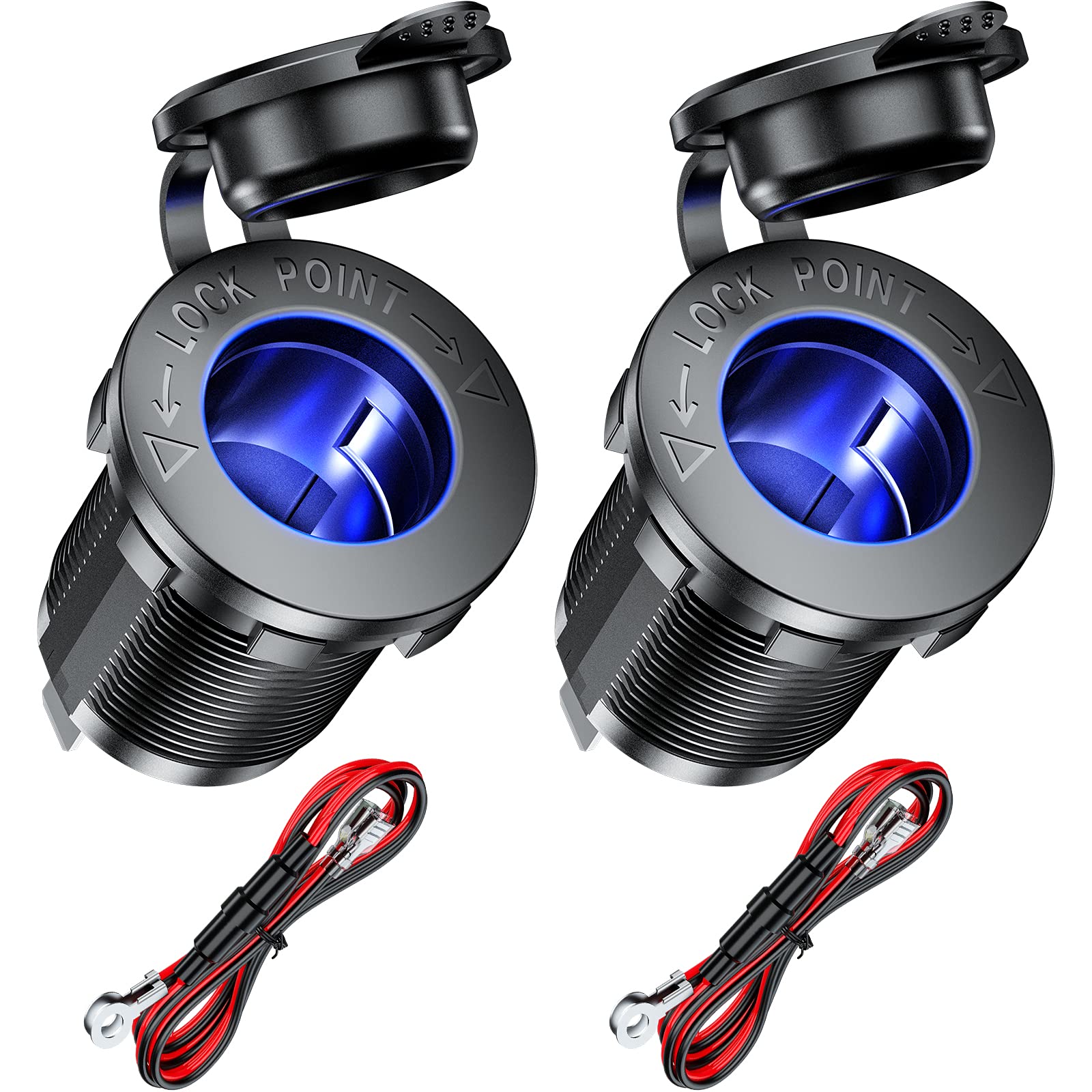 12V Cigarette Lighter Socket with Blue LED - Waterproof 12 Volt Power Outlet for Car, Marine, ATV, RV (2-Pack) - Perfect for Charging Devices On-The-Go