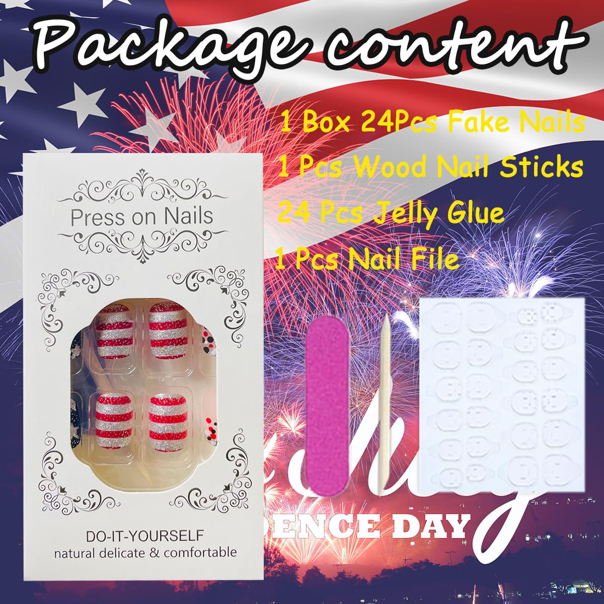 4th of July Press on Nails - Short Square Glitter Acrylic Fake Nails with Patriotic Star Stripe Design | 24Pcs DIY Independence Day False Nails for Women | Perfect for Parties, Celebrations & Nail Art