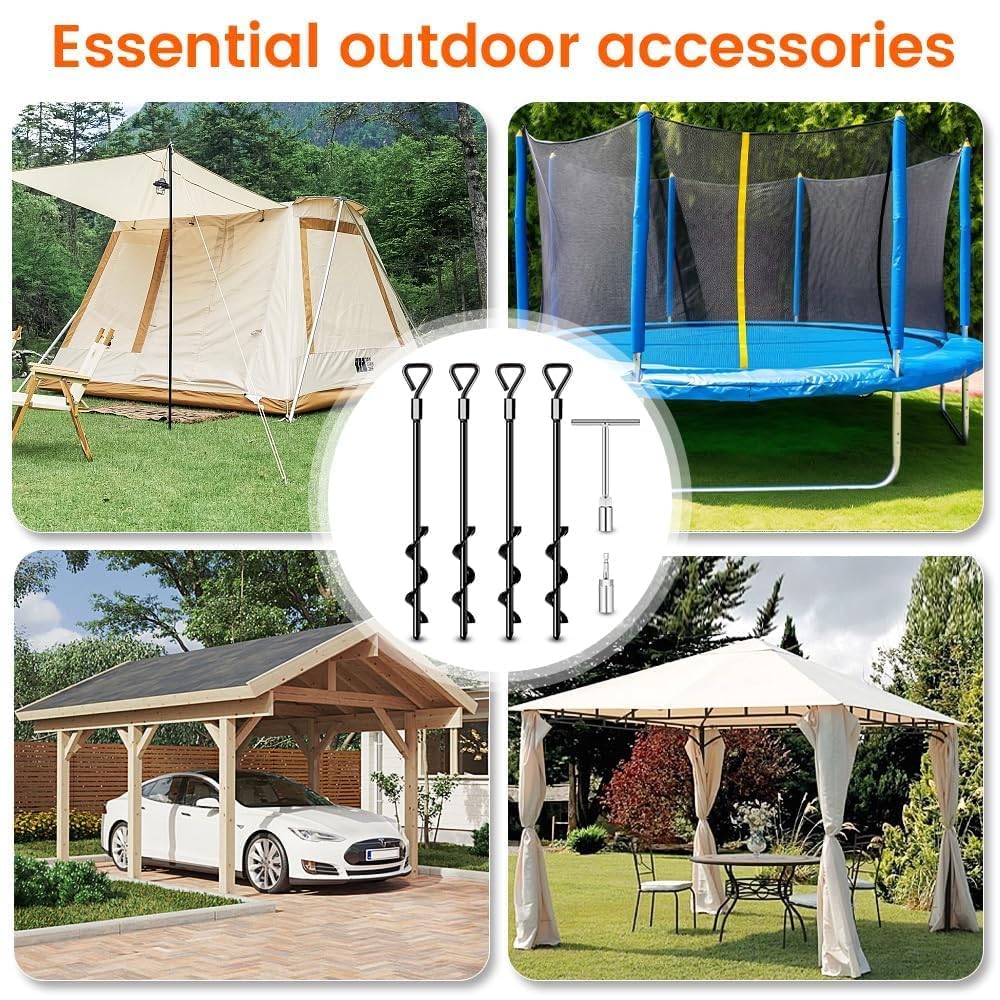 Heavy Duty Ground Anchors & Screw-in Tent Stakes Kit - 4 Pack for High Winds, Camping Tents, Canopies, Trampolines, Sheds, Swing Sets & Mobile Homes | Secure Outdoor Equipment in Storms & Strong Winds