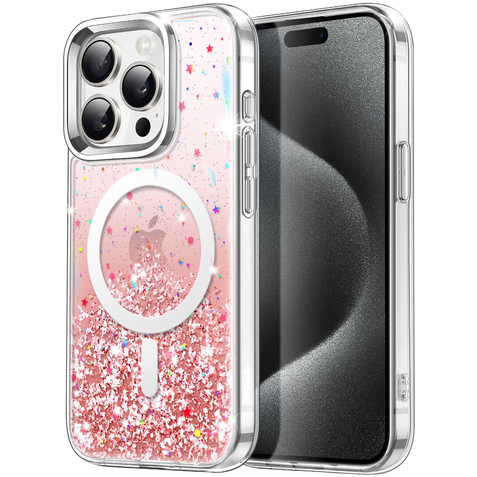 JETech Glitter Case for iPhone 15 Pro Max 6.7-Inch | MagSafe Compatible | Clear Sparkle Phone Cover with Shockproof Protection | Cute Bling Design for Women & Girls | Perfect for Parties, Daily Use & Gift Giving (Pink)