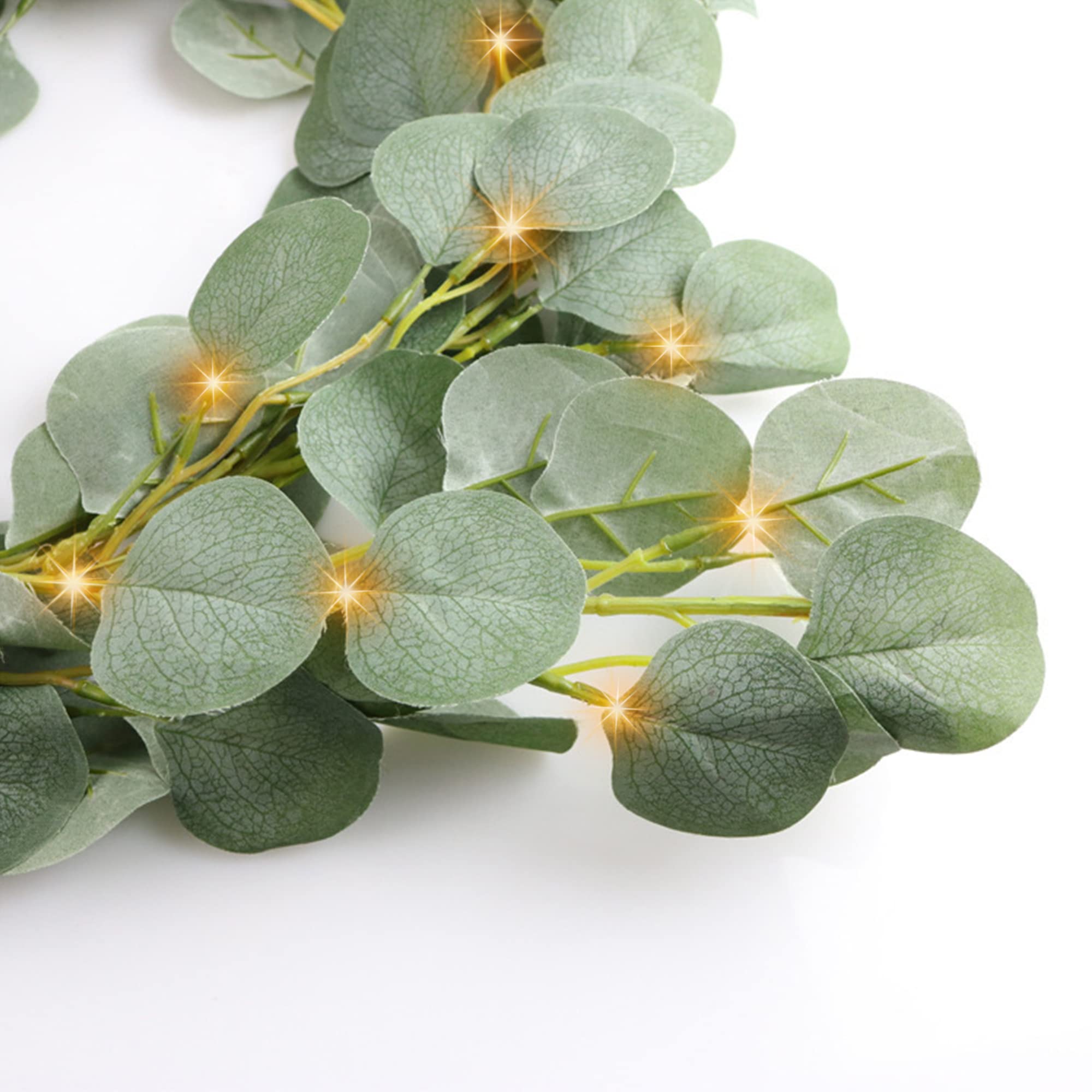 20 Warm White LED Eucalyptus Leaves Garland - 6.6ft Artificial Greenery String Lights for Home, Wedding & Party Decorations | Perfect for Wall Decor, Table Centerpieces, and Outdoor Lighting