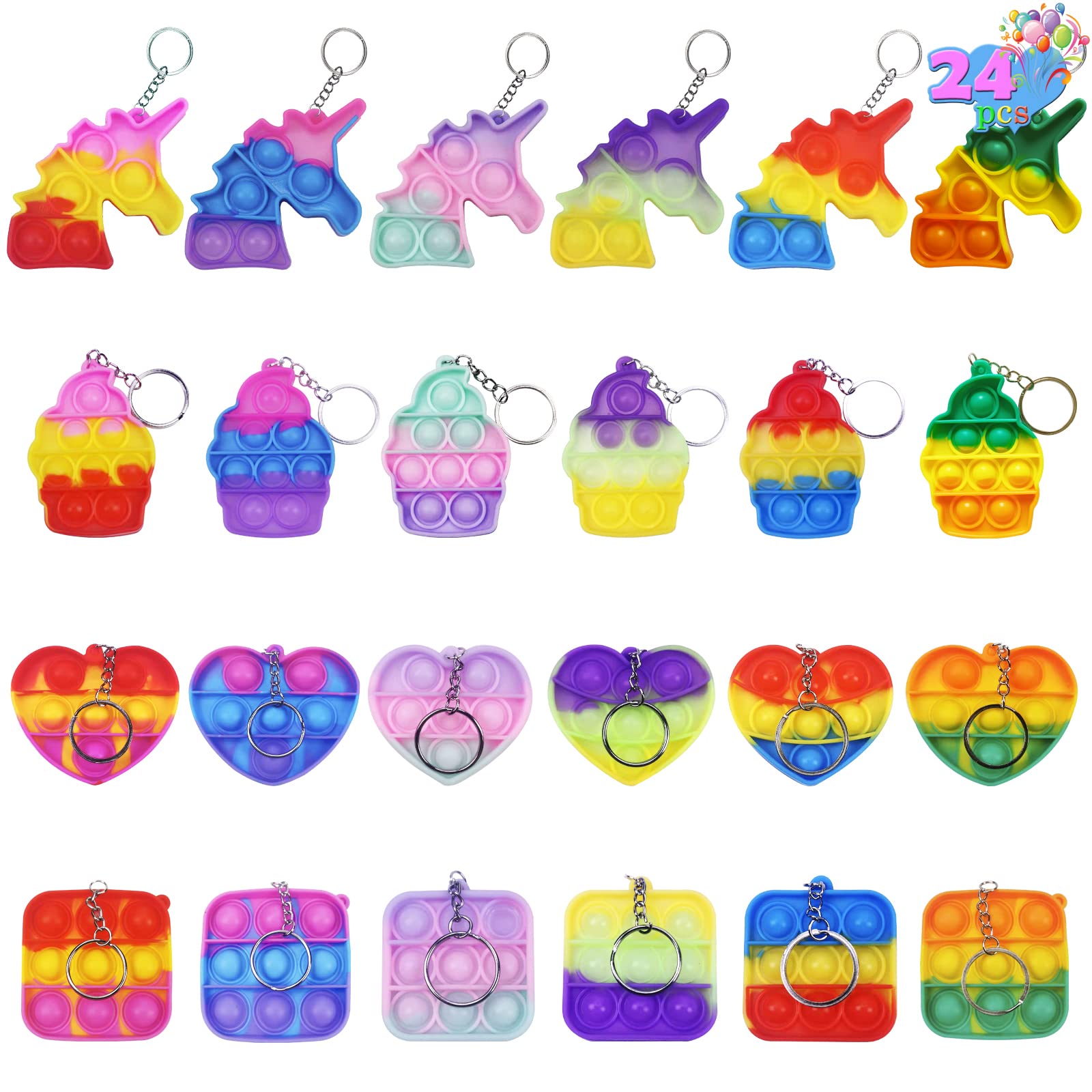 24 Pcs Pop On Its Sensory Fidget Toys Keychains - Fidget Toys Pack for Kids, Autism & Autistic Children, Classroom Treasure Box Prizes, Piñata Stuffer Gifts - Perfect for Stress Relief, Focus & Sensory Play